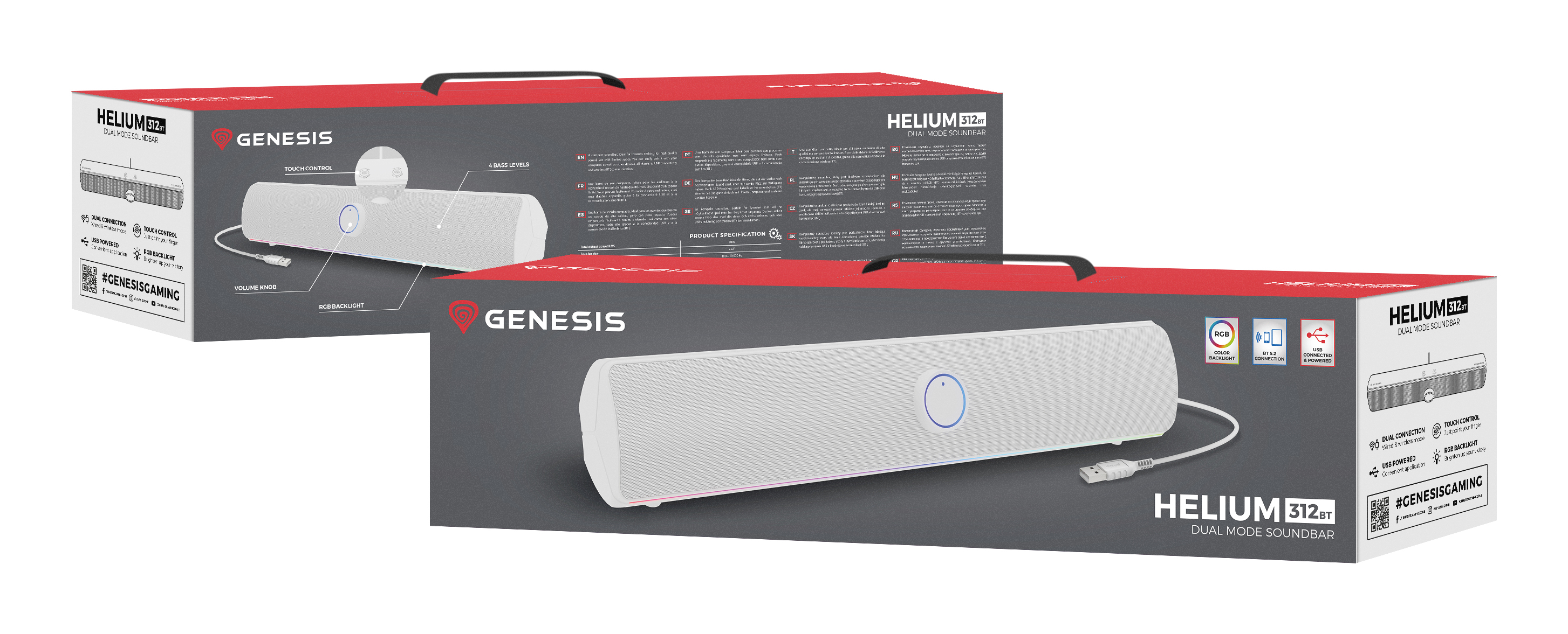 Genesis Helium 312BT NCS-2305 soundbar, 2.0 stereo, 10 W RMS, Bluetooth 5.2 en USB, RGB-verlichting, touchbediening, wit