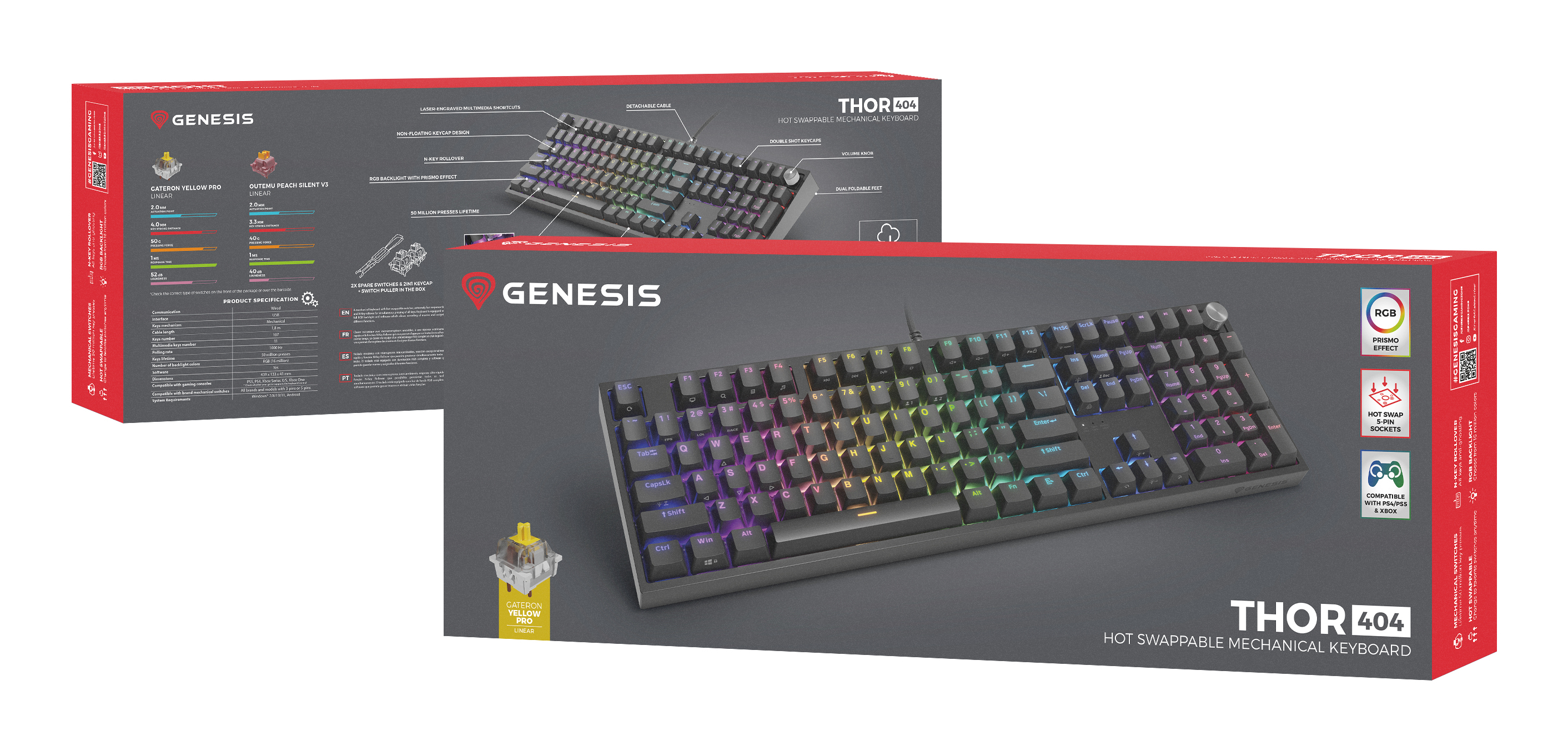 GENESIS Thor 404 gaming toetsenbord, US layout, mechanisch, Gateron Yellow Pro switches, RGB backlight, zwart