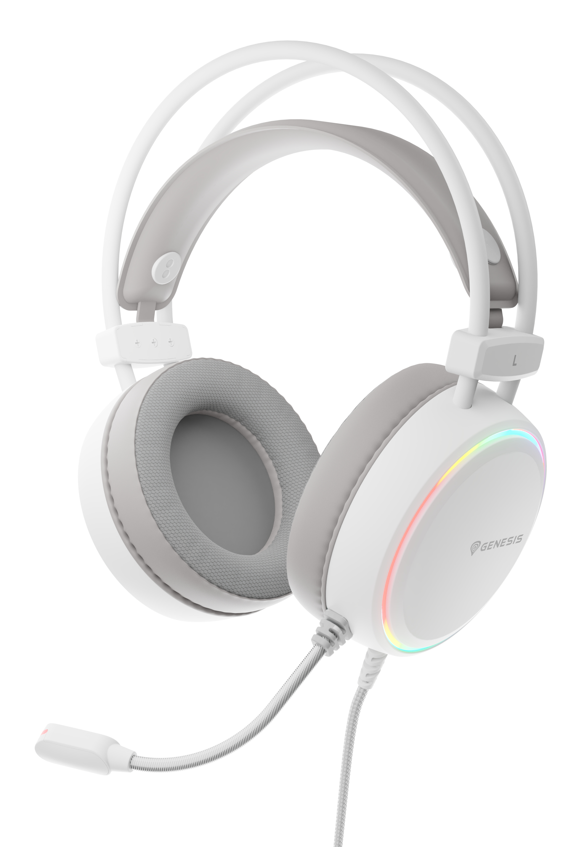 Genesis Neon 613 G2 NSG-2308 gaming headset, 2.0 stereo, over-ear, 50 mm drivers, bedraad, 3.5 mm jack en USB, microfoon, RGB, wit