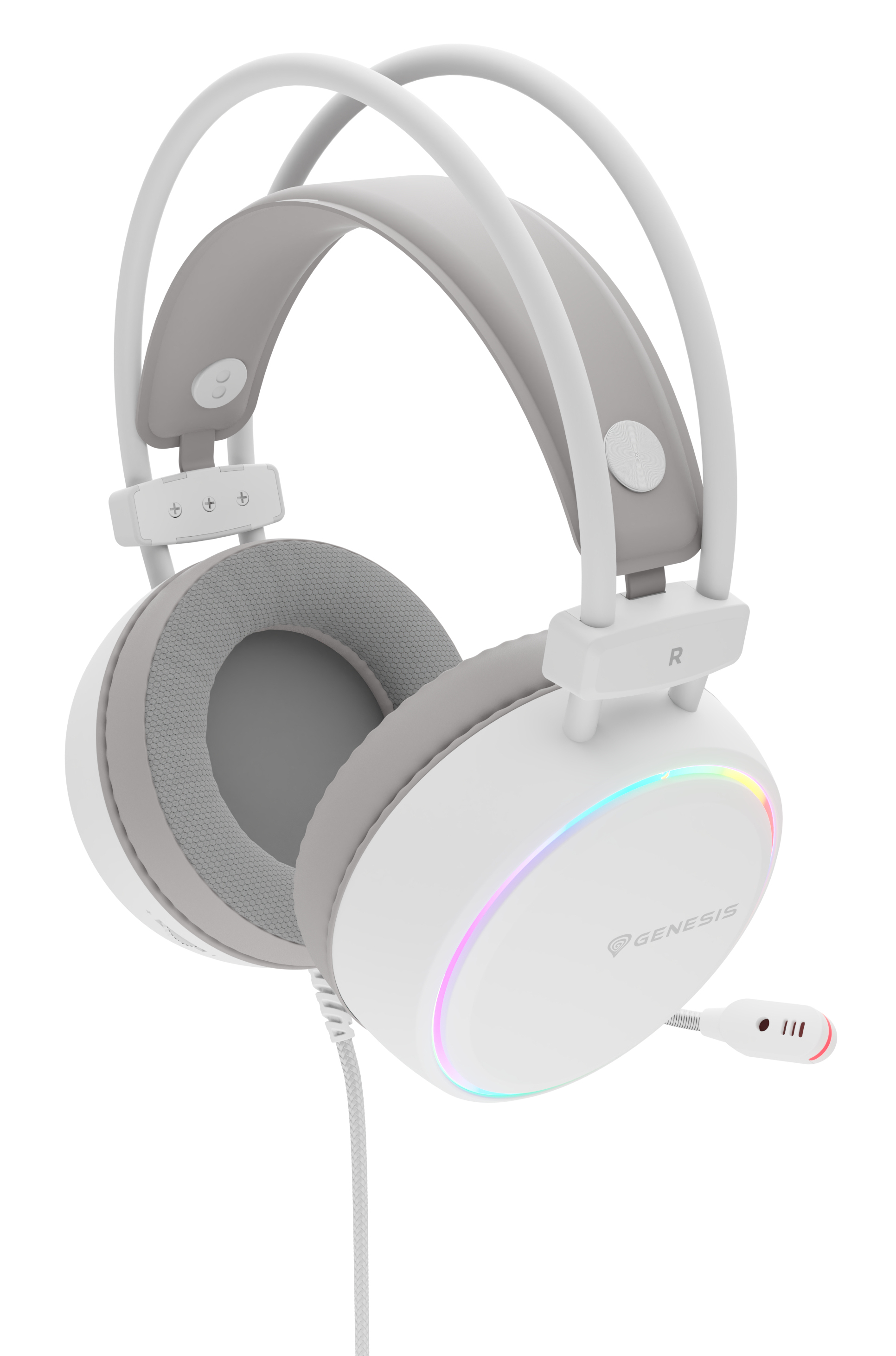 Genesis Neon 613 G2 NSG-2308 gaming headset, 2.0 stereo, over-ear, 50 mm drivers, bedraad, 3.5 mm jack en USB, microfoon, RGB, wit