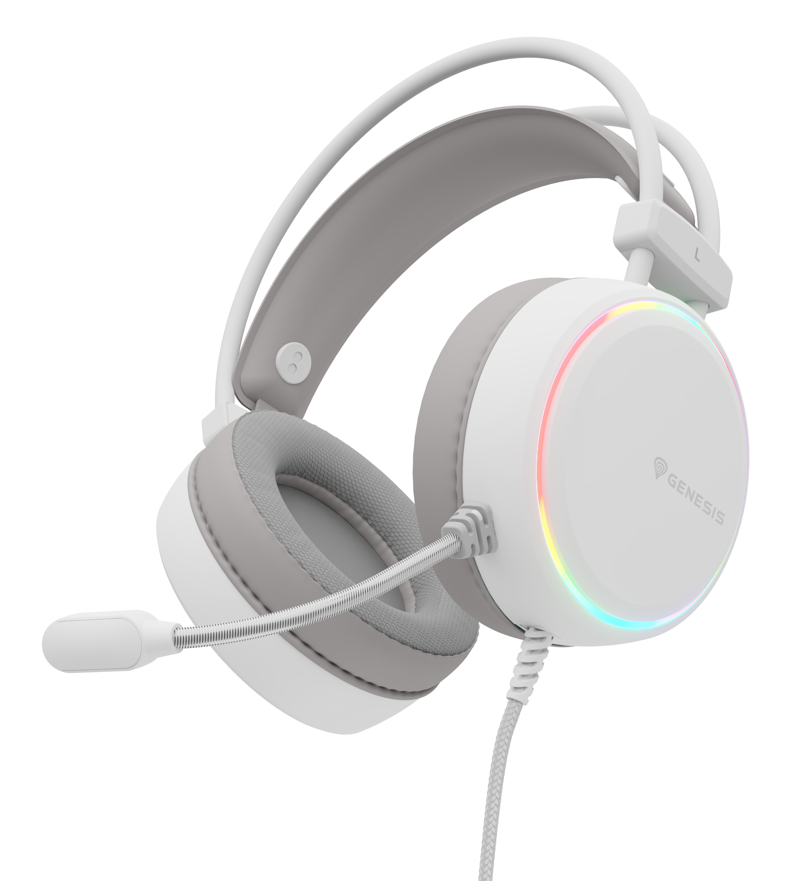 Genesis Neon 613 G2 NSG-2308 gaming headset, 2.0 stereo, over-ear, 50 mm drivers, bedraad, 3.5 mm jack en USB, microfoon, RGB, wit