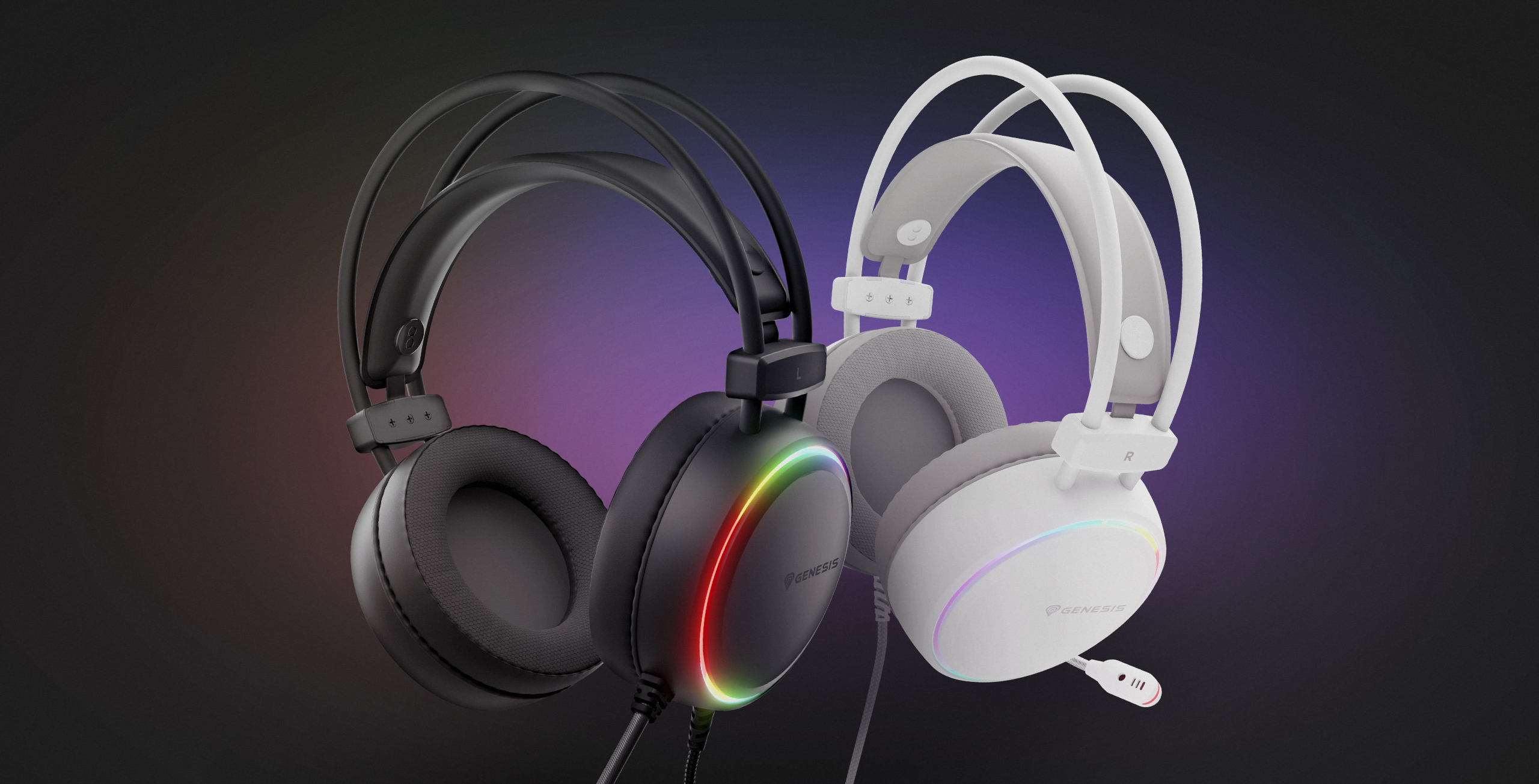 Genesis Neon 613 G2 NSG-2308 gaming headset, 2.0 stereo, over-ear, 50 mm drivers, bedraad, 3.5 mm jack en USB, microfoon, RGB, wit