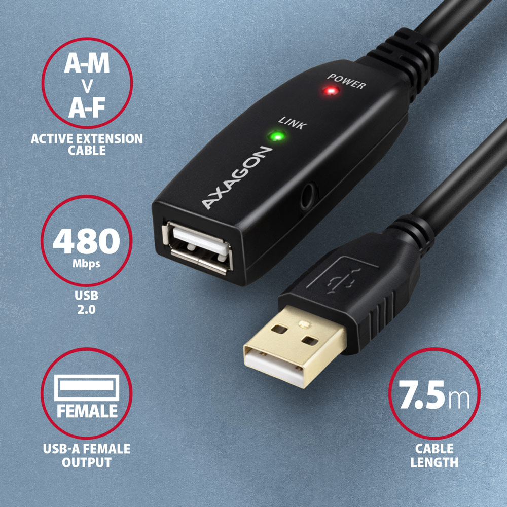 AXAGON ADR-207 USB 2.0 A-M -> A-F active extension/repeater cable 7.5m