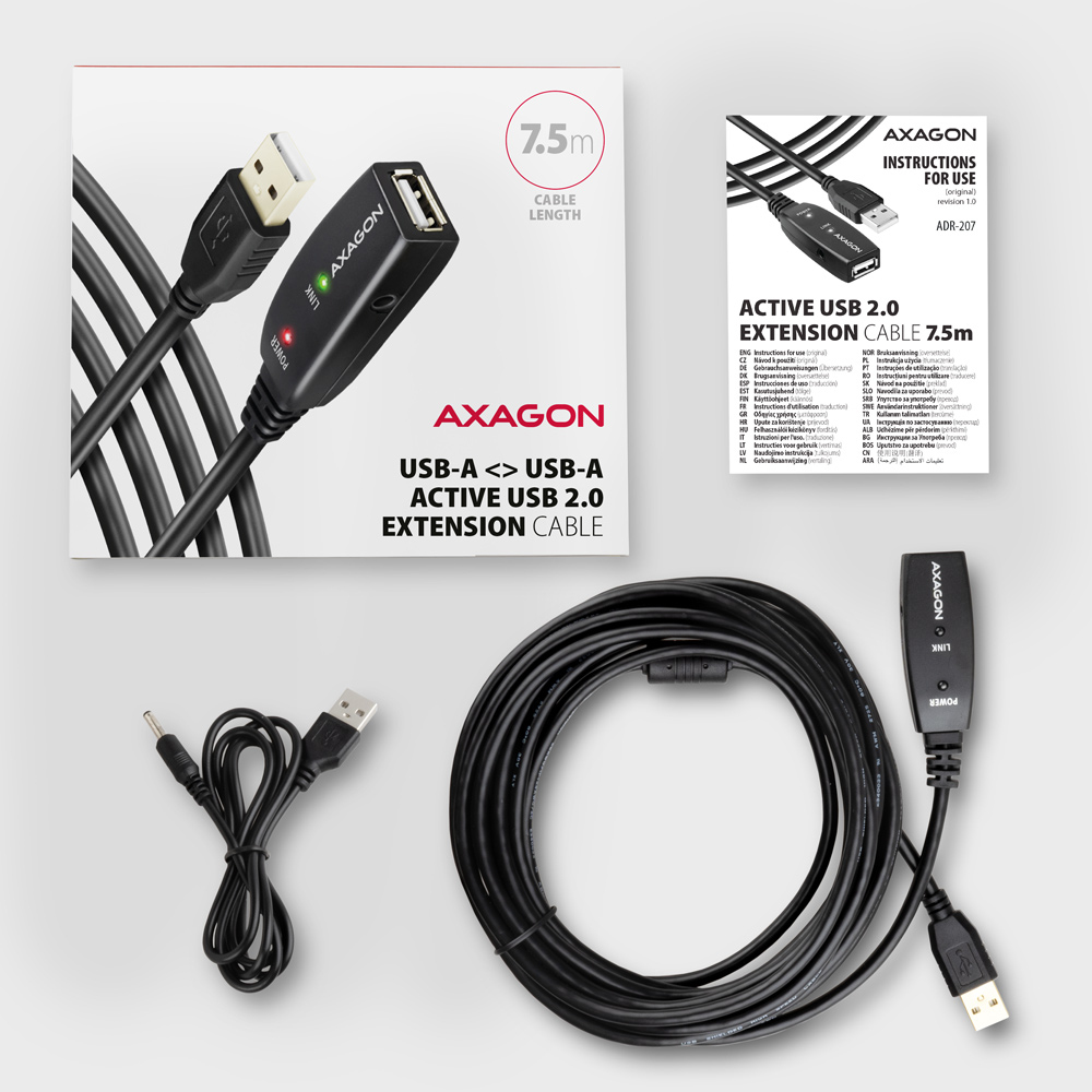 AXAGON ADR-207 USB 2.0 A-M -> A-F active extension/repeater cable 7.5m