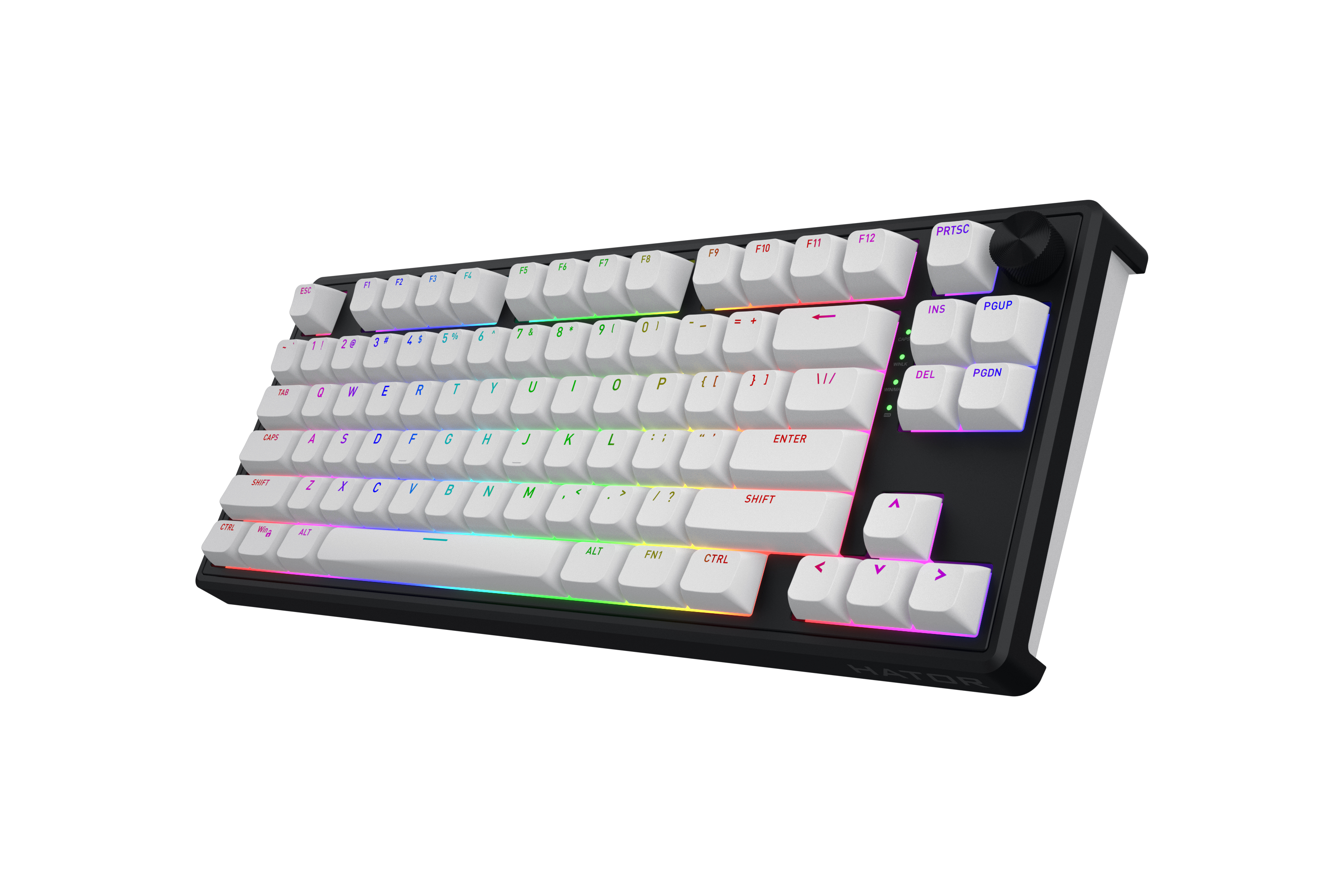 HATOR Skyfall 80 wireless, white-black, ABS OMA white-white US-ANSI, HATOR Aurum Lemon 70M linear mechanical hotswap 50gf switches, 2.4GHz/Bluetooth/USB, 4000mAh, gasket mount structure & anti-noise sandwich, knob, RGB workspace&gaming keyboard - (HTK318