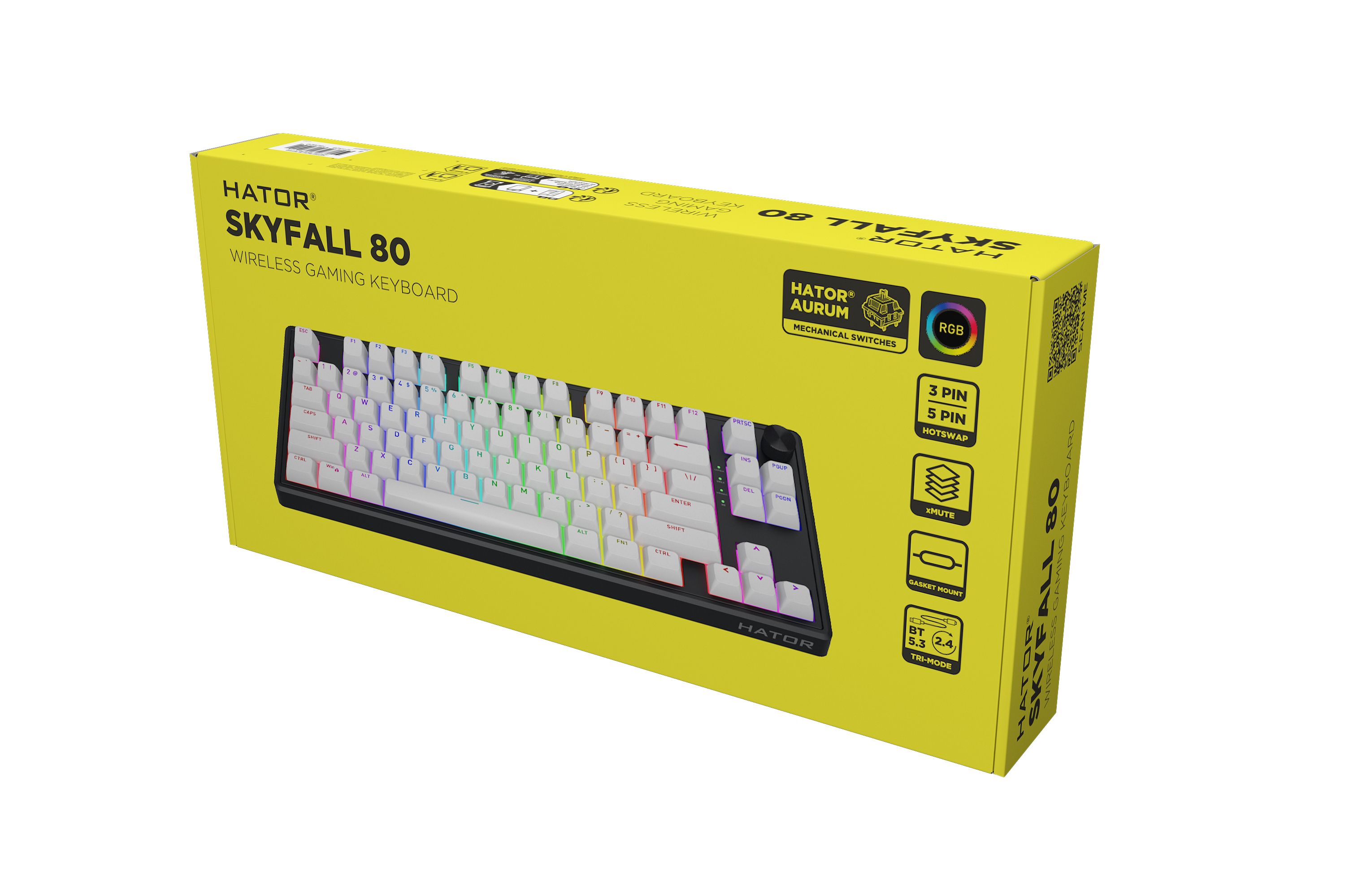 HATOR Skyfall 80 wireless, white-black, ABS OMA white-white US-ANSI, HATOR Aurum Lemon 70M linear mechanical hotswap 50gf switches, 2.4GHz/Bluetooth/USB, 4000mAh, gasket mount structure & anti-noise sandwich, knob, RGB workspace&gaming keyboard - (HTK318