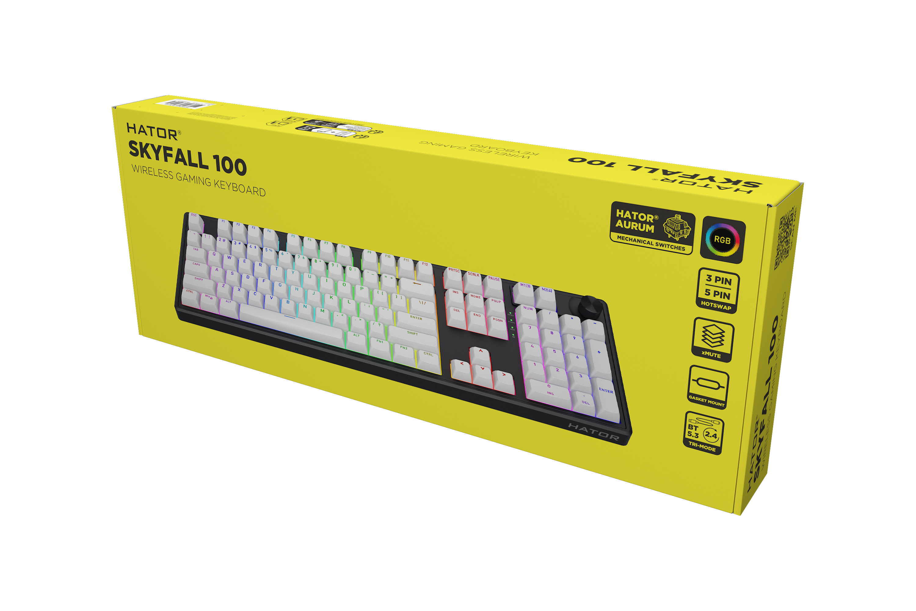HATOR Skyfall 100 wireless, white-black, ABS OMA white-white US-ANSI, HATOR Aurum Lemon 70M linear mechanical hotswap 50gf switches, 2.4GHz/Bluetooth/USB, 4000mAh, gasket mount structure and anti-noise sandwich, knob, RGB workspace&gaming keyboard - (HTK