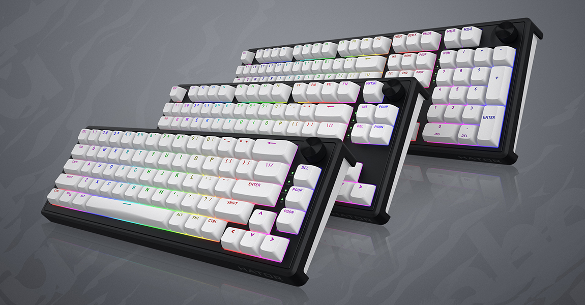 HATOR Skyfall 80 wireless, white-black, ABS OMA white-white US-ANSI, HATOR Aurum Lemon 70M linear mechanical hotswap 50gf switches, 2.4GHz/Bluetooth/USB, 4000mAh, gasket mount structure & anti-noise sandwich, knob, RGB workspace&gaming keyboard - (HTK318