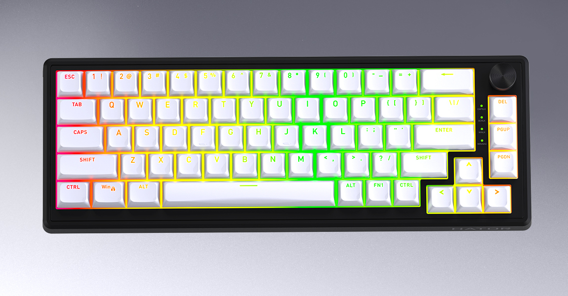 HATOR Skyfall 80 wireless, white-black, ABS OMA white-white US-ANSI, HATOR Aurum Lemon 70M linear mechanical hotswap 50gf switches, 2.4GHz/Bluetooth/USB, 4000mAh, gasket mount structure & anti-noise sandwich, knob, RGB workspace&gaming keyboard - (HTK318