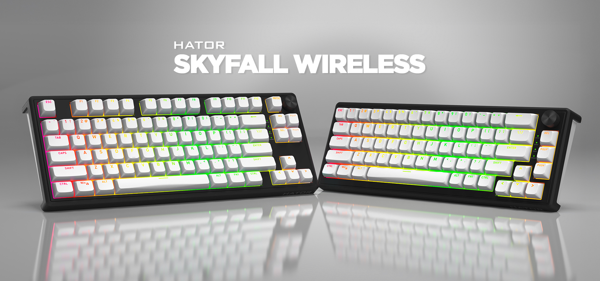 HATOR Skyfall 100 wireless, white-black, ABS OMA white-white US-ANSI, HATOR Aurum Lemon 70M linear mechanical hotswap 50gf switches, 2.4GHz/Bluetooth/USB, 4000mAh, gasket mount structure and anti-noise sandwich, knob, RGB workspace&gaming keyboard - (HTK
