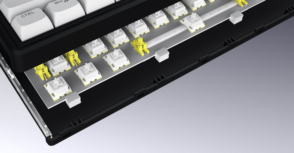 HATOR Skyfall 100 wireless, white-black, ABS OMA white-white US-ANSI, HATOR Aurum Lemon 70M linear mechanical hotswap 50gf switches, 2.4GHz/Bluetooth/USB, 4000mAh, gasket mount structure and anti-noise sandwich, knob, RGB workspace&gaming keyboard - (HTK