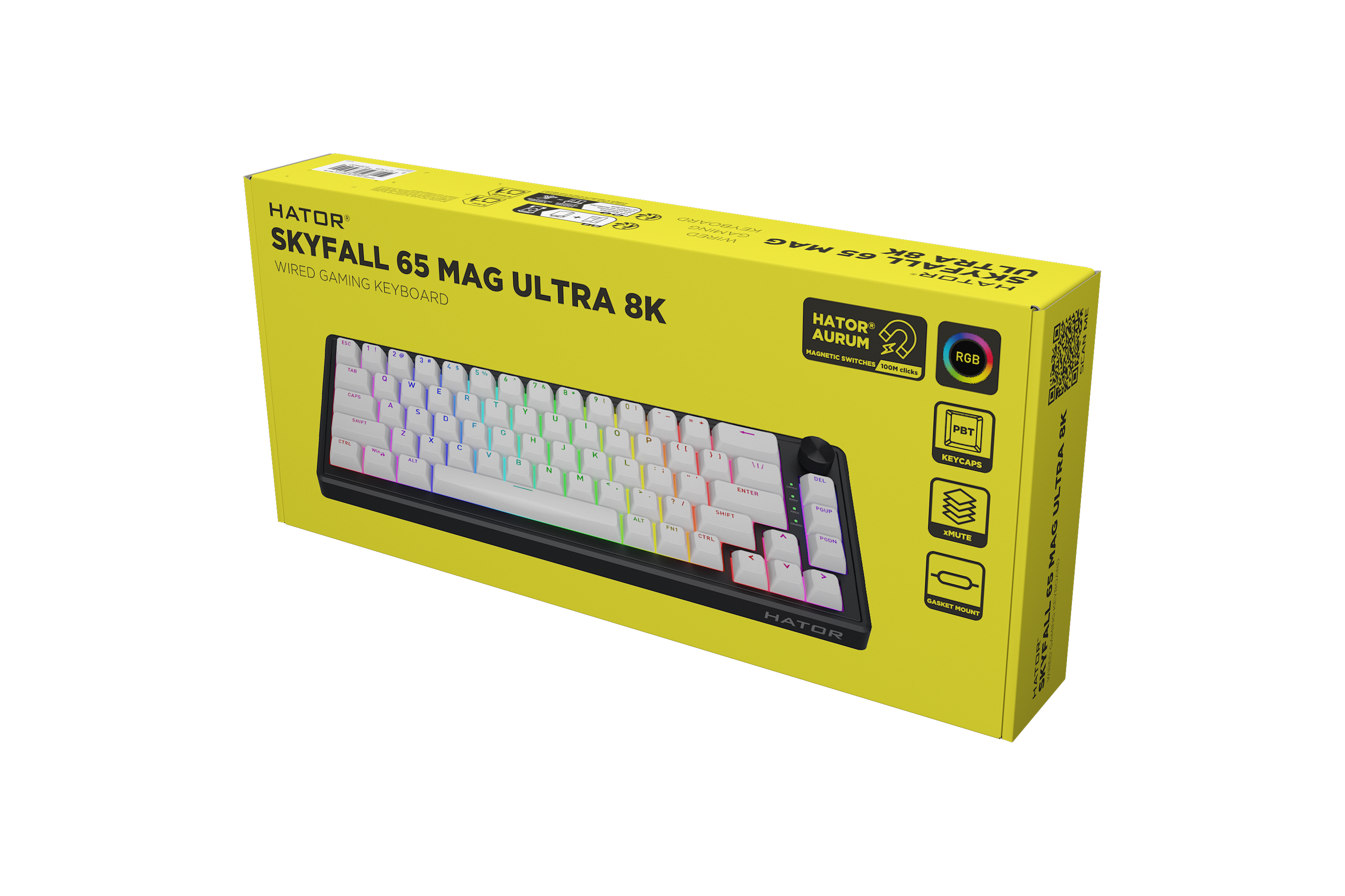 HATOR Skyfall 65 MAG ULTRA 8K, black-black, PBT OMA white-white US-ANSI, HATOR Aurum Strawberry 100M magnetic hotswap 45gf switches, 8K USB polling rate, 64K single key, gasket mount structure & anti-noise sandwich, knob, RGB analog gaming keyboard - (HT