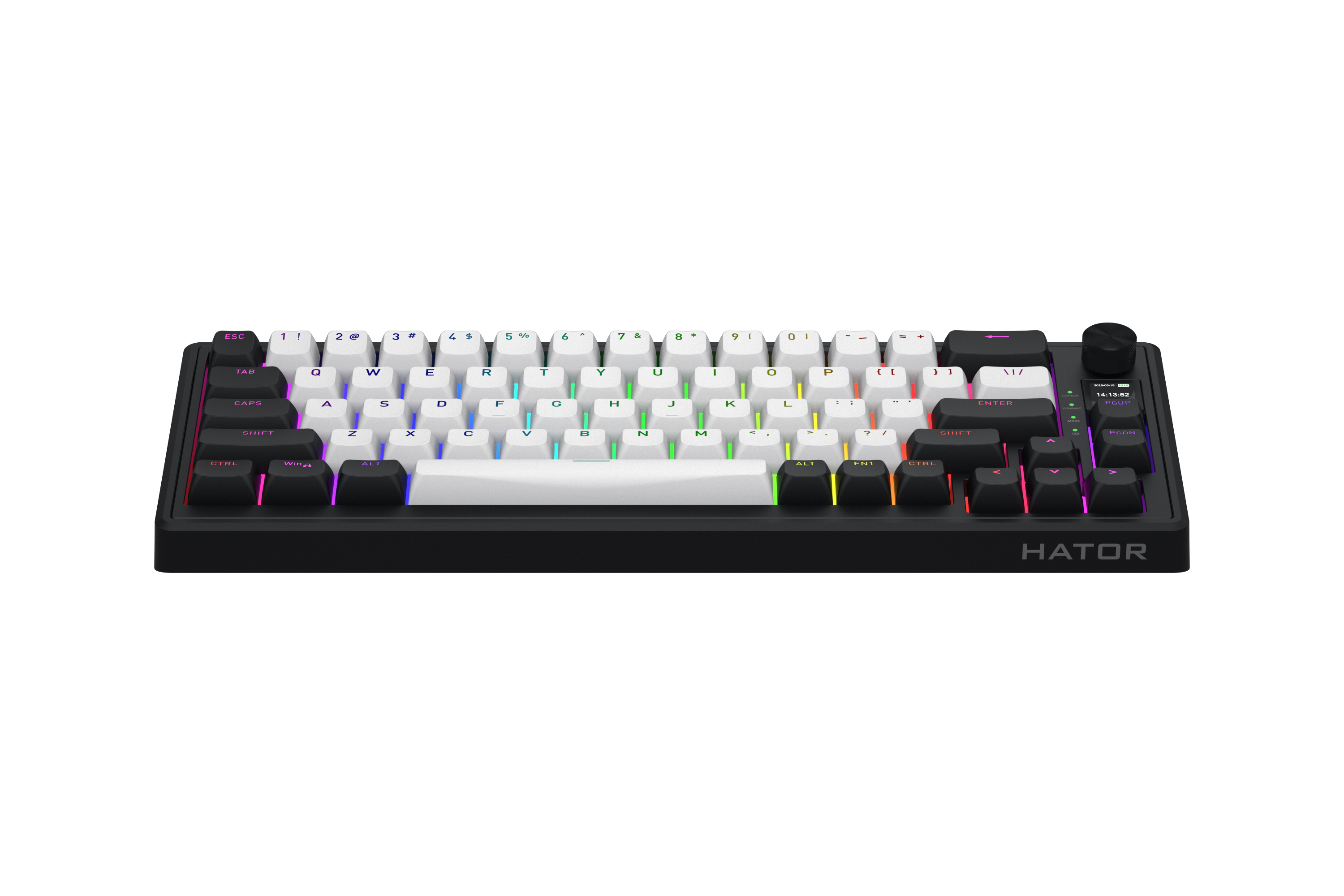 HATOR Skyfall 65 MAG ULTIMA 8K, wireless white-black, PBT OMA white-black US-ANSI, HATOR Aurum Strawberry 100M magnetic hotswap 45gf switches, 2.4GHz/Bluetooth/USB, dual 8K polling rate, 64K single key, 8000mAh, gasket mount & anti-noise, 3.5 TFT screen,