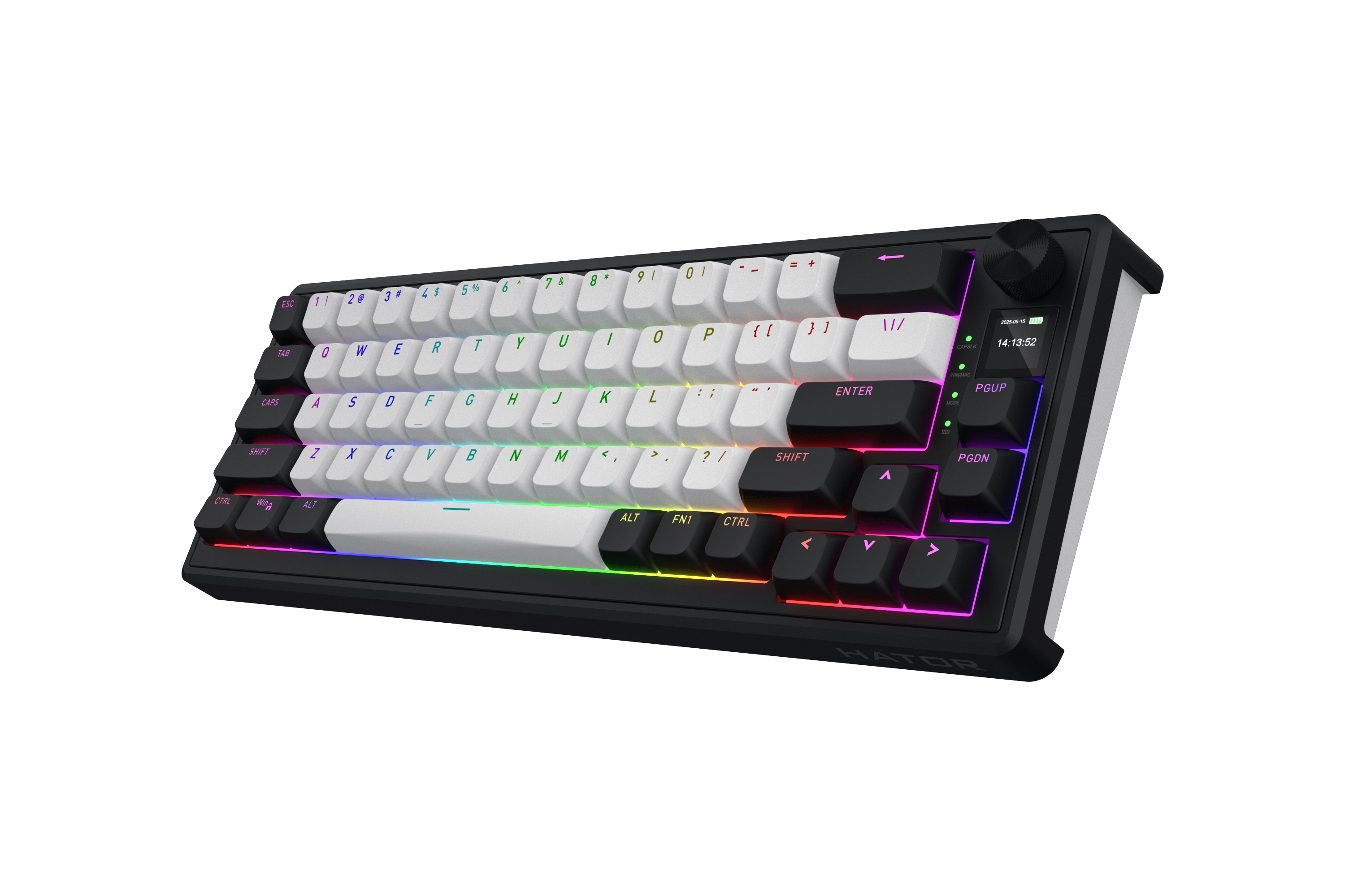 HATOR Skyfall 65 MAG ULTIMA 8K, wireless white-black, PBT OMA white-black US-ANSI, HATOR Aurum Strawberry 100M magnetic hotswap 45gf switches, 2.4GHz/Bluetooth/USB, dual 8K polling rate, 64K single key, 8000mAh, gasket mount & anti-noise, 3.5 TFT screen,