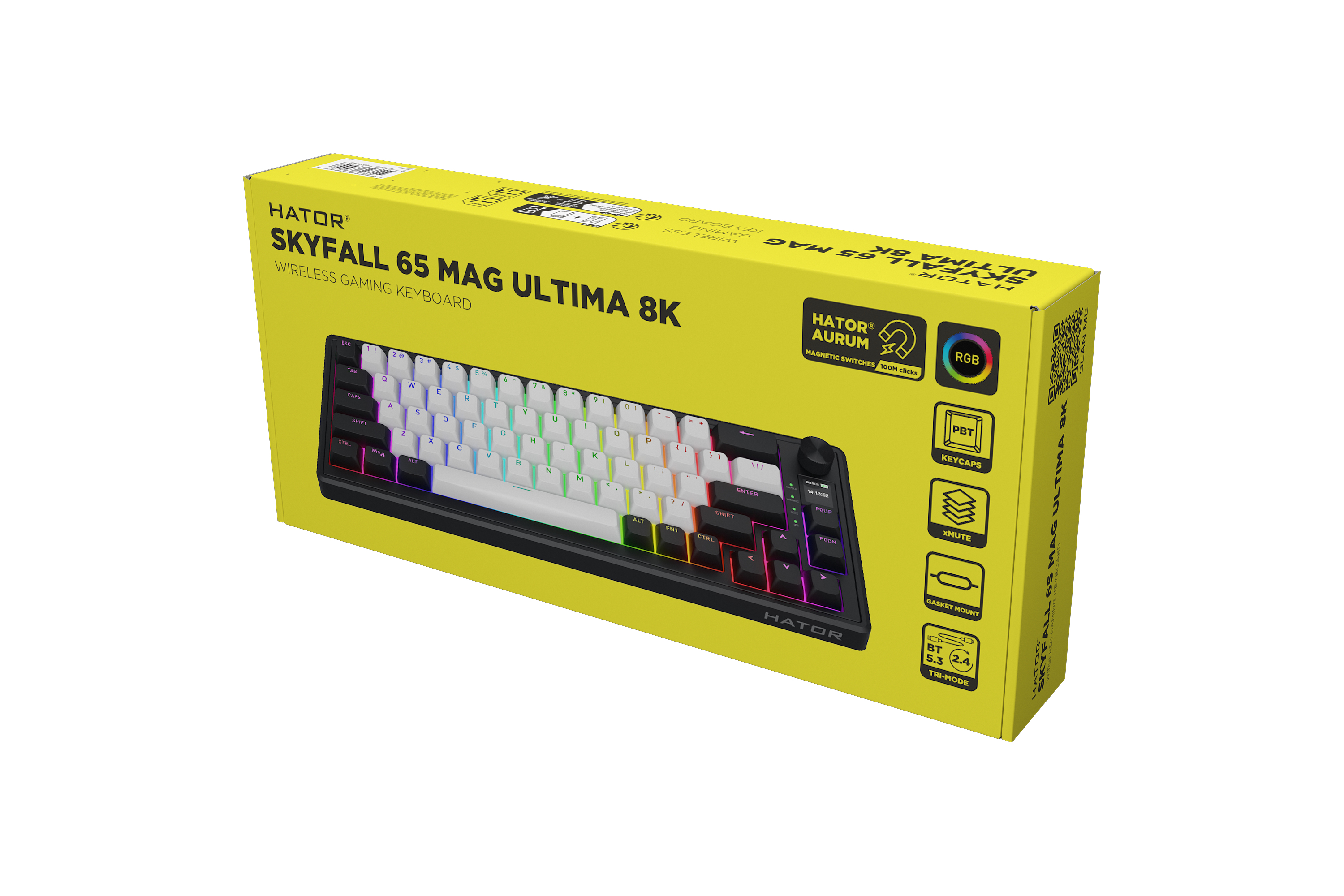 HATOR Skyfall 65 MAG ULTIMA 8K, wireless white-black, PBT OMA white-black US-ANSI, HATOR Aurum Strawberry 100M magnetic hotswap 45gf switches, 2.4GHz/Bluetooth/USB, dual 8K polling rate, 64K single key, 8000mAh, gasket mount & anti-noise, 3.5 TFT screen,