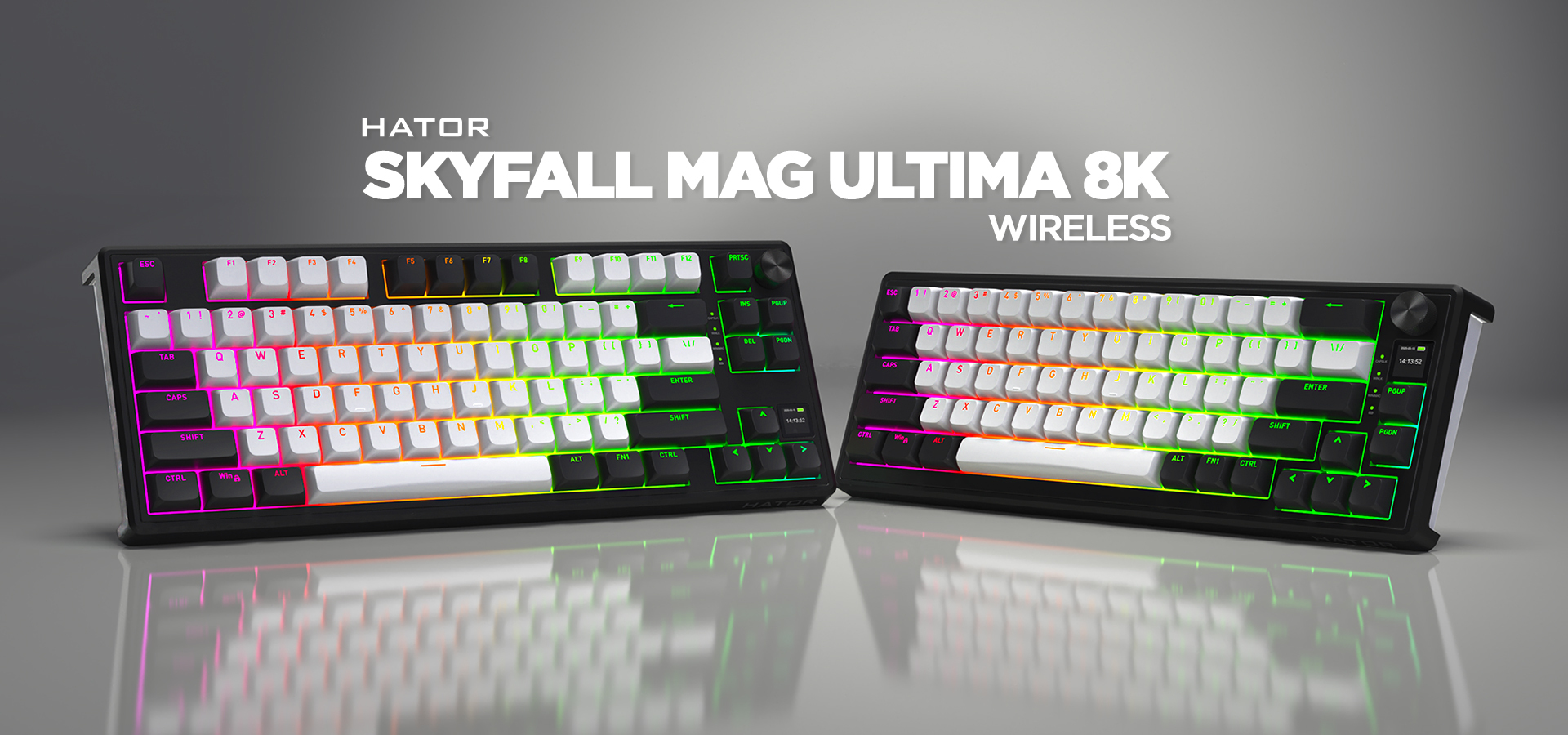 HATOR Skyfall 65 MAG ULTIMA 8K, wireless white-black, PBT OMA white-black US-ANSI, HATOR Aurum Strawberry 100M magnetic hotswap 45gf switches, 2.4GHz/Bluetooth/USB, dual 8K polling rate, 64K single key, 8000mAh, gasket mount & anti-noise, 3.5 TFT screen,