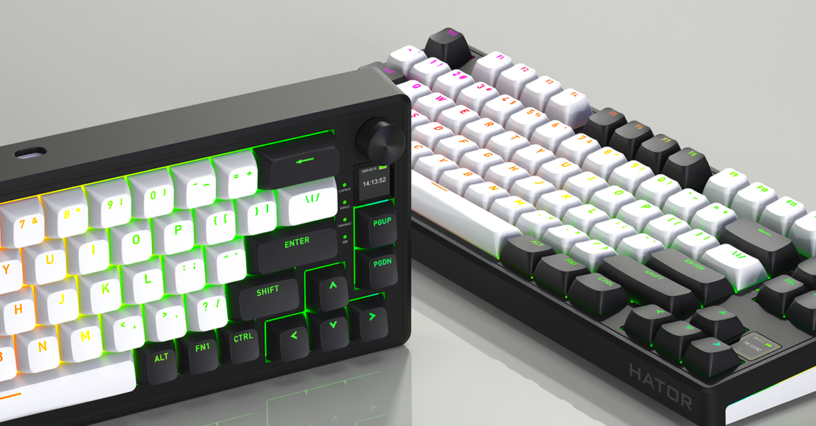 HATOR Skyfall 65 MAG ULTIMA 8K, wireless white-black, PBT OMA white-black US-ANSI, HATOR Aurum Strawberry 100M magnetic hotswap 45gf switches, 2.4GHz/Bluetooth/USB, dual 8K polling rate, 64K single key, 8000mAh, gasket mount & anti-noise, 3.5 TFT screen,