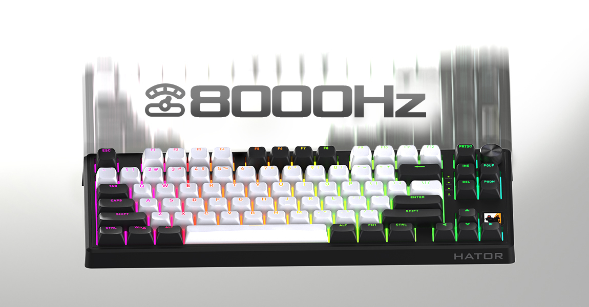 HATOR Skyfall 65 MAG ULTIMA 8K, wireless white-black, PBT OMA white-black US-ANSI, HATOR Aurum Strawberry 100M magnetic hotswap 45gf switches, 2.4GHz/Bluetooth/USB, dual 8K polling rate, 64K single key, 8000mAh, gasket mount & anti-noise, 3.5 TFT screen,