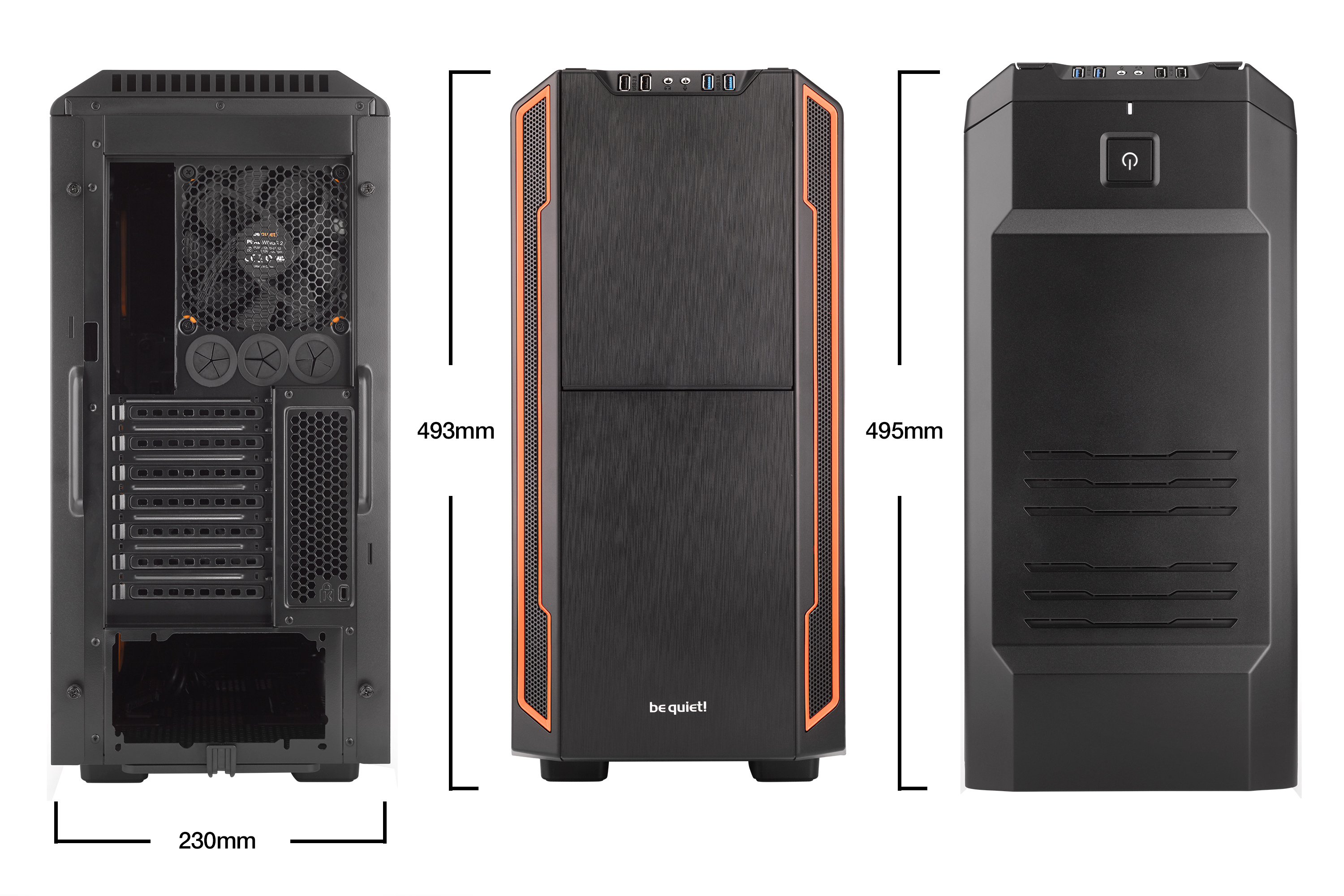 be quiet! Silent Base 600 Orange, 495 x 230 x 493, IO-panel 2x USB 3.0, 2x USB 2.0, HD Audio, 3x 5,25, 3x 3,5, 3x 2,5, inc 1x 140 mm en 1x 120 mm fan, dual air channel cooling, 3-in-1 airintake sidepanel