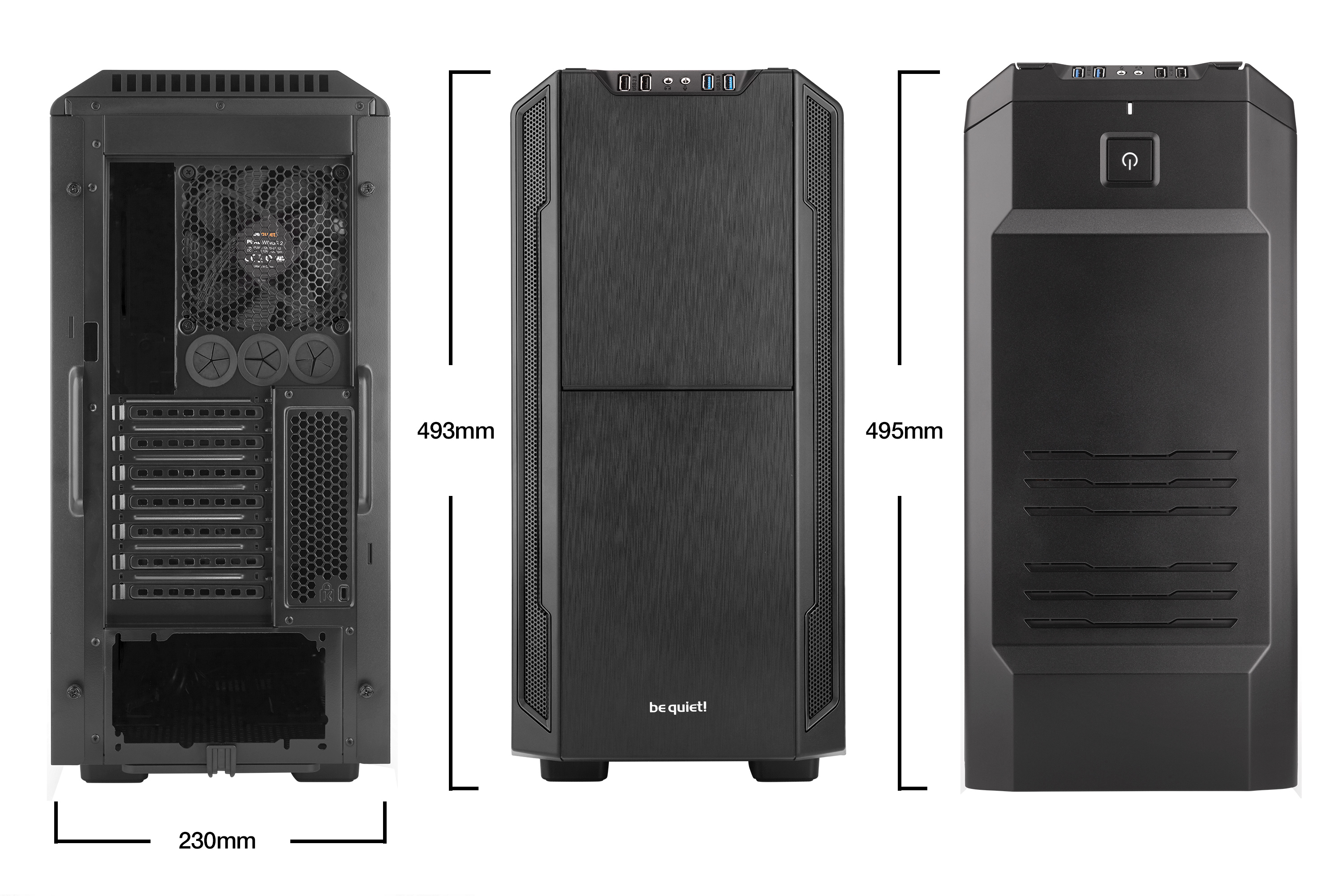 be quiet! Silent Base 600 Window Black, 495 x 230 x 493, IO-panel 2x USB 3.0, 2x USB 2.0, HD Audio, 3x 5,25, 3x 3,5, 3x 2,5, inc 1x 140 mm en 1x 120 mm fan, dual air channel cooling,