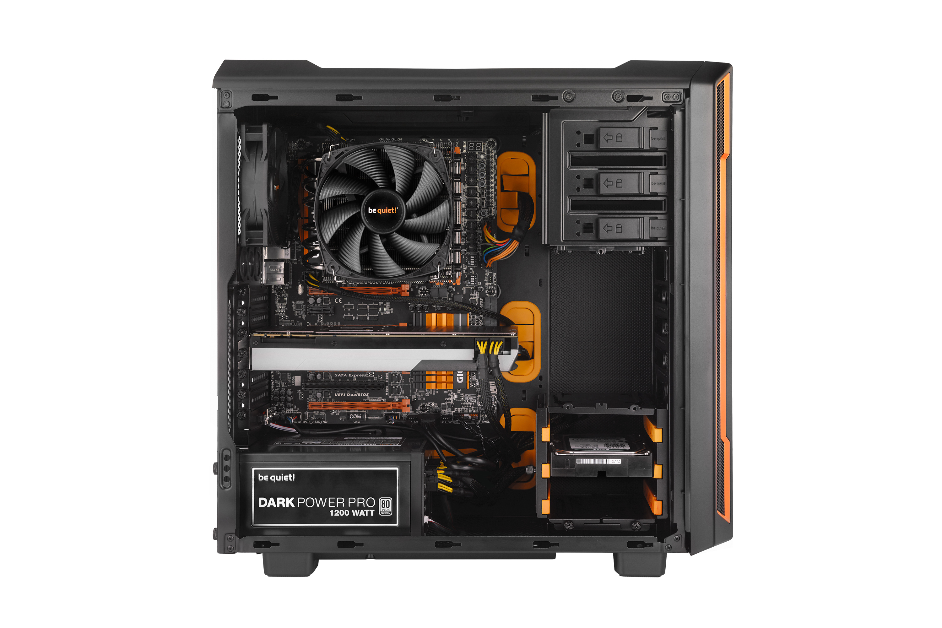 be quiet! Silent Base 600 Window Orange, 495 x 230 x 493, IO-panel 2x USB 3.0, 2x USB 2.0, HD Audio, 3x 5,25, 3x 3,5, 3x 2,5, inc 1x 140 mm en 1x 120 mm fan, dual air channel cooling