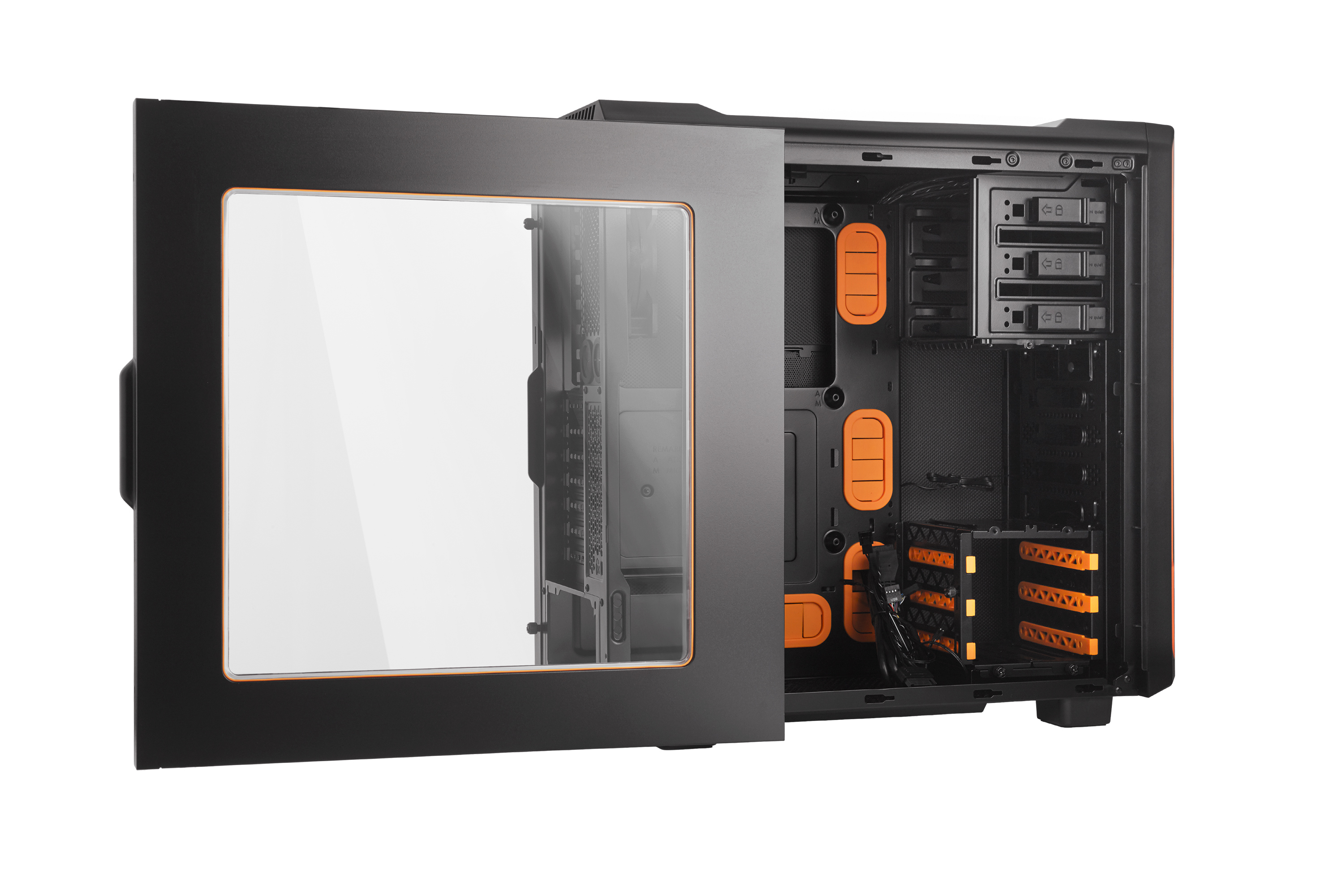 be quiet! Silent Base 600 Window Orange, 495 x 230 x 493, IO-panel 2x USB 3.0, 2x USB 2.0, HD Audio, 3x 5,25, 3x 3,5, 3x 2,5, inc 1x 140 mm en 1x 120 mm fan, dual air channel cooling