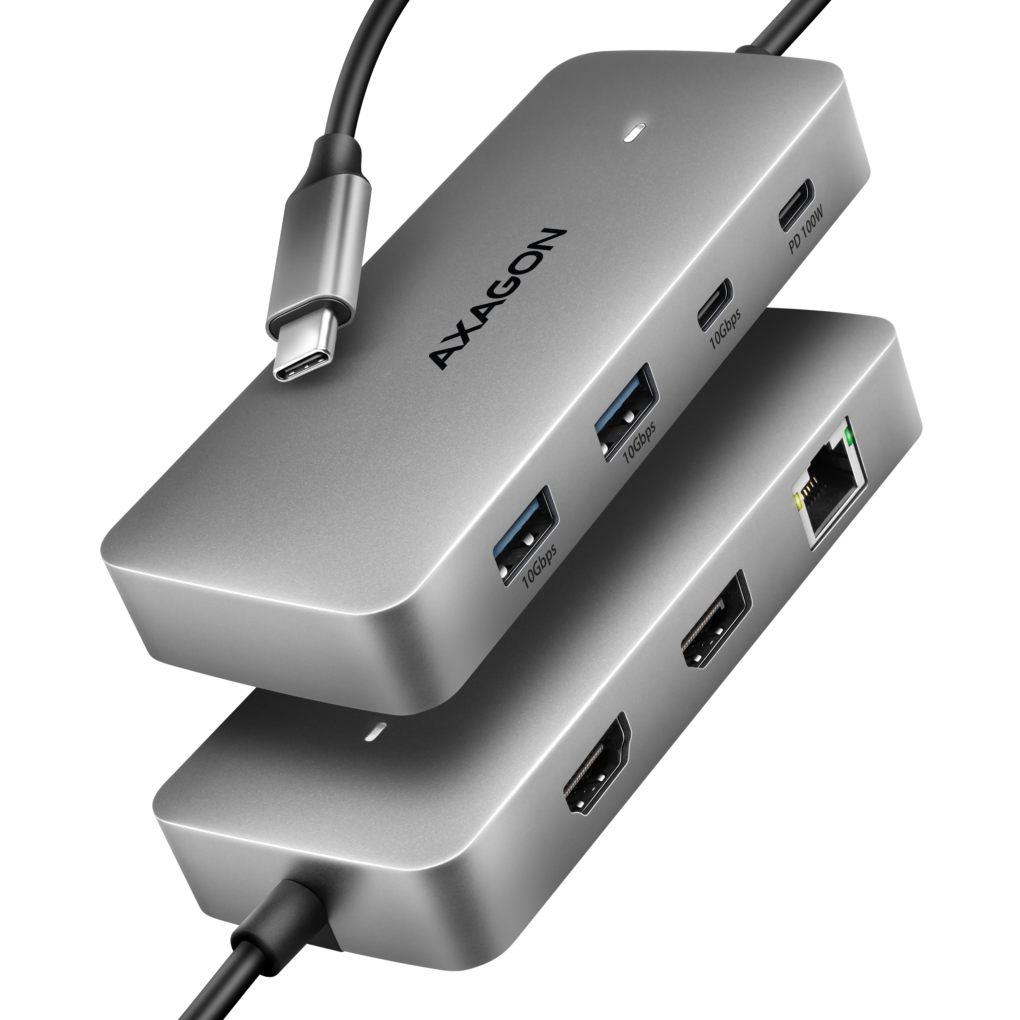 AXAGON HMC-CUB83X2 USB 10Gbps hub, 2x USB-A, USB-C, HDMI & DP 4k/144Hz, RJ-45, PD 100W