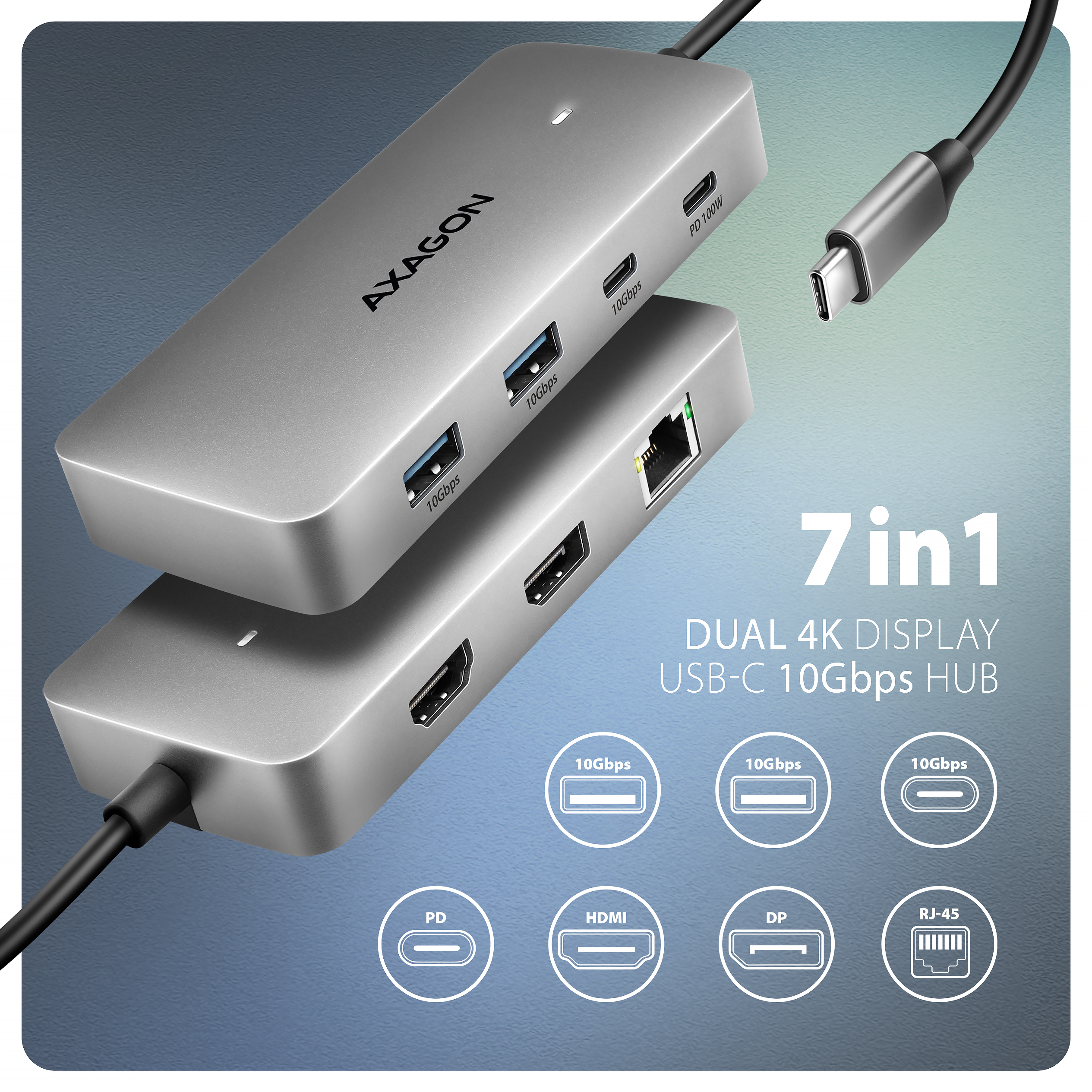 AXAGON HMC-CUB83X2 USB 10Gbps hub, 2x USB-A, USB-C, HDMI & DP 4k/144Hz, RJ-45, PD 100W
