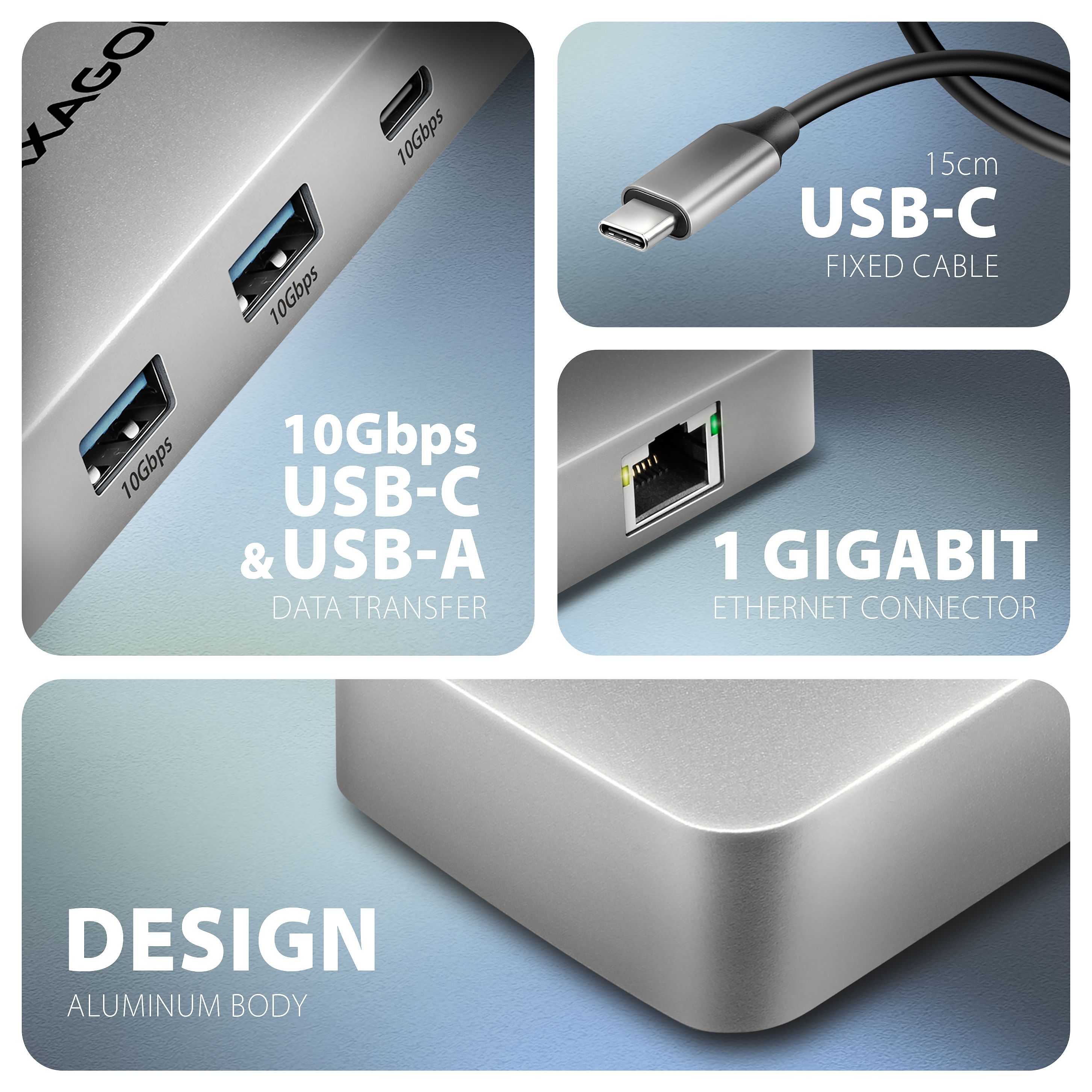 AXAGON HMC-CUB83X2 USB 10Gbps hub, 2x USB-A, USB-C, HDMI & DP 4k/144Hz, RJ-45, PD 100W