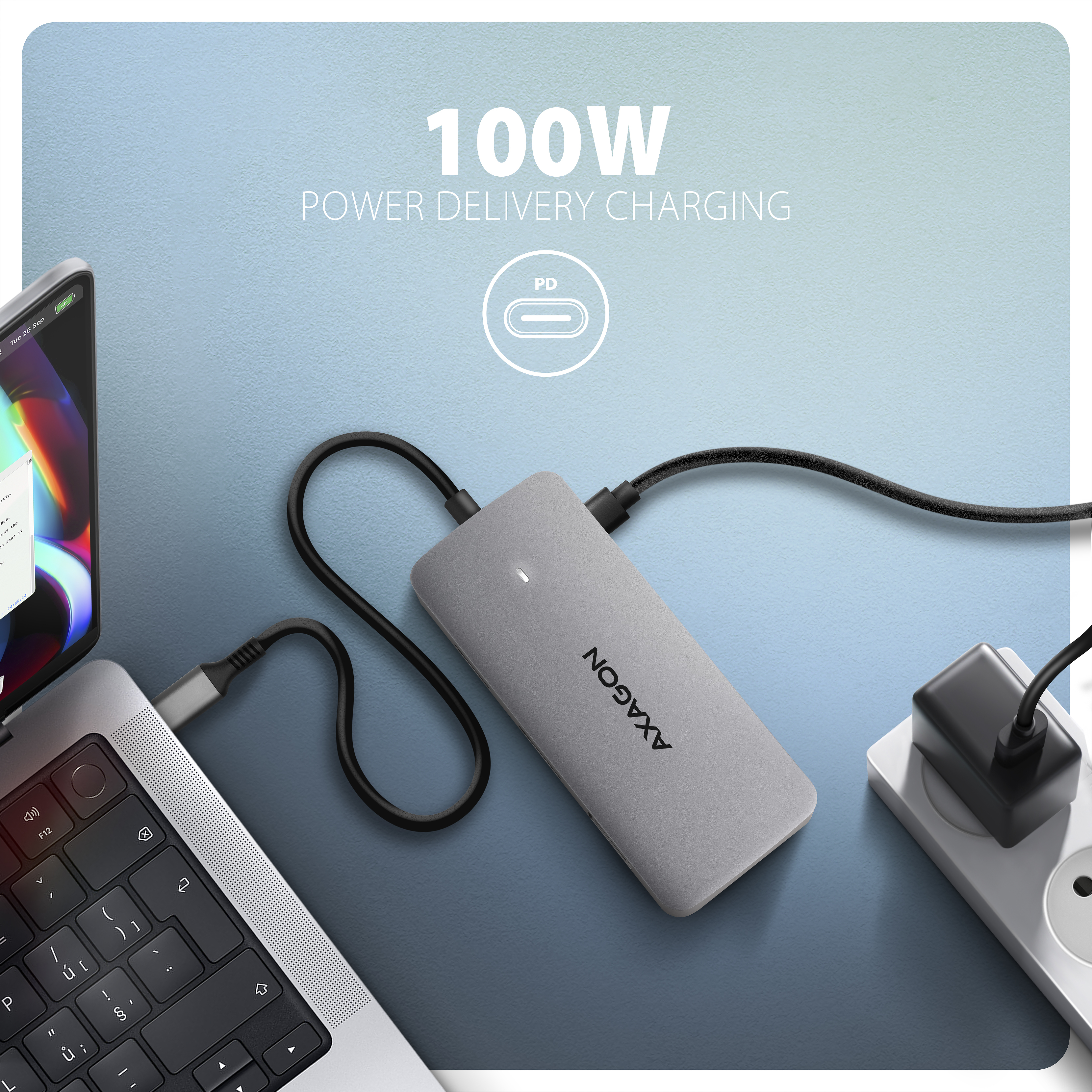 AXAGON HMC-CUB83X2 USB 10Gbps hub, 2x USB-A, USB-C, HDMI & DP 4k/144Hz, RJ-45, PD 100W