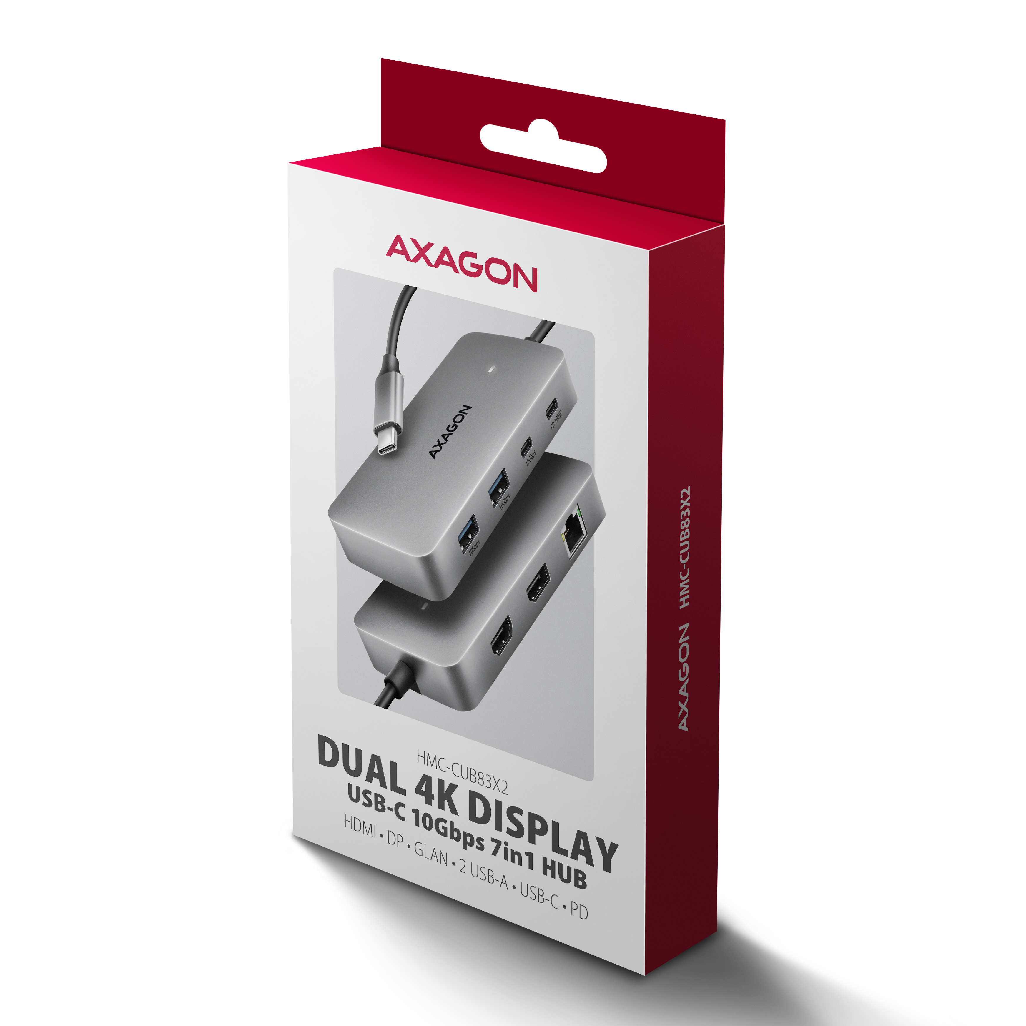 AXAGON HMC-CUB83X2 USB 10Gbps hub, 2x USB-A, USB-C, HDMI & DP 4k/144Hz, RJ-45, PD 100W