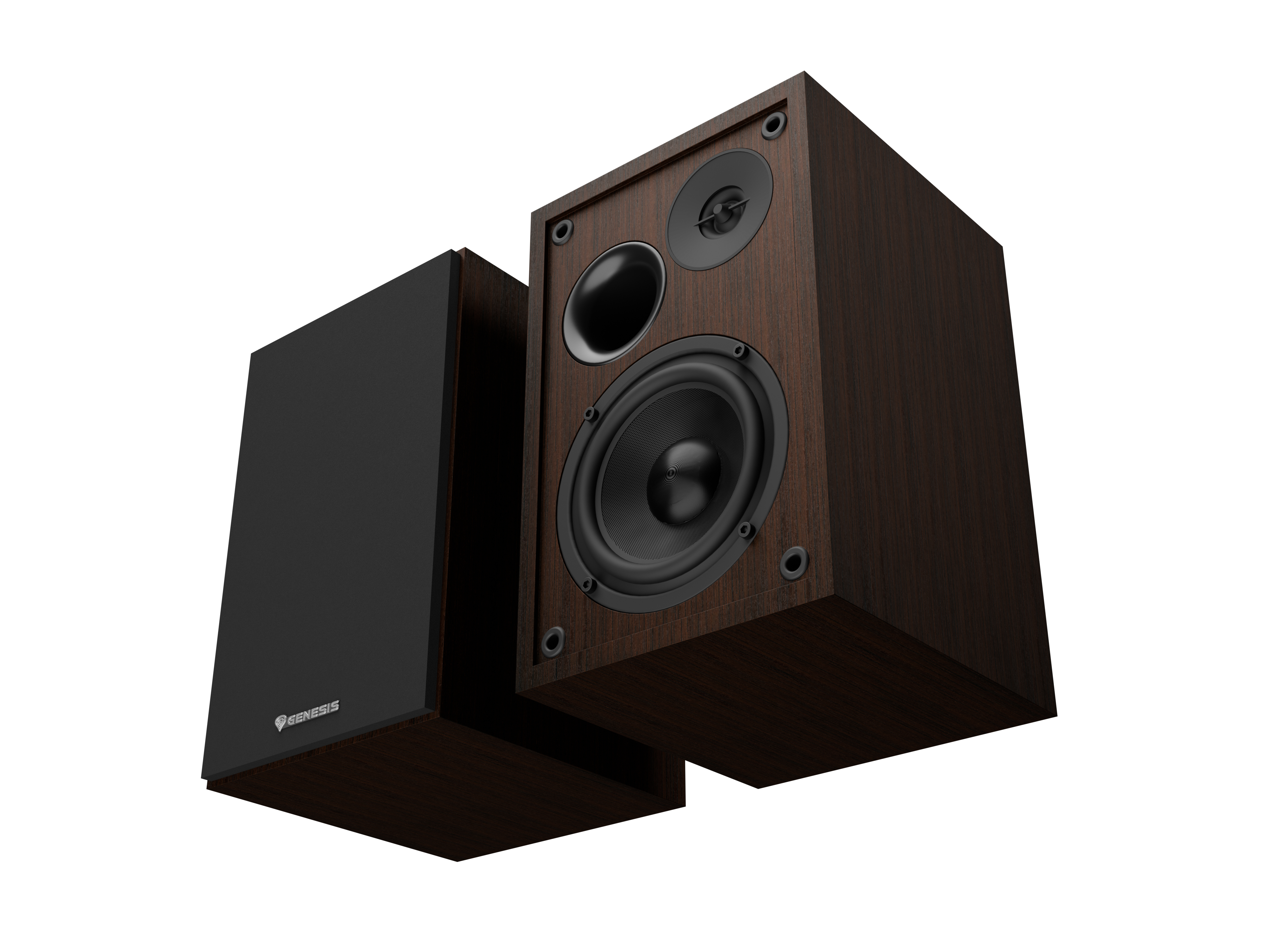Genesis Arsen 302BT, speakerset 2.0, 20W totaal, Bluetooth 5.3 en bekabeld, MDF behuizing, 4 inch woofer, 1,25 inch tweeter, bassreflex voorzijde, RCA en 3,5mm jack, netvoeding 230V, bruin