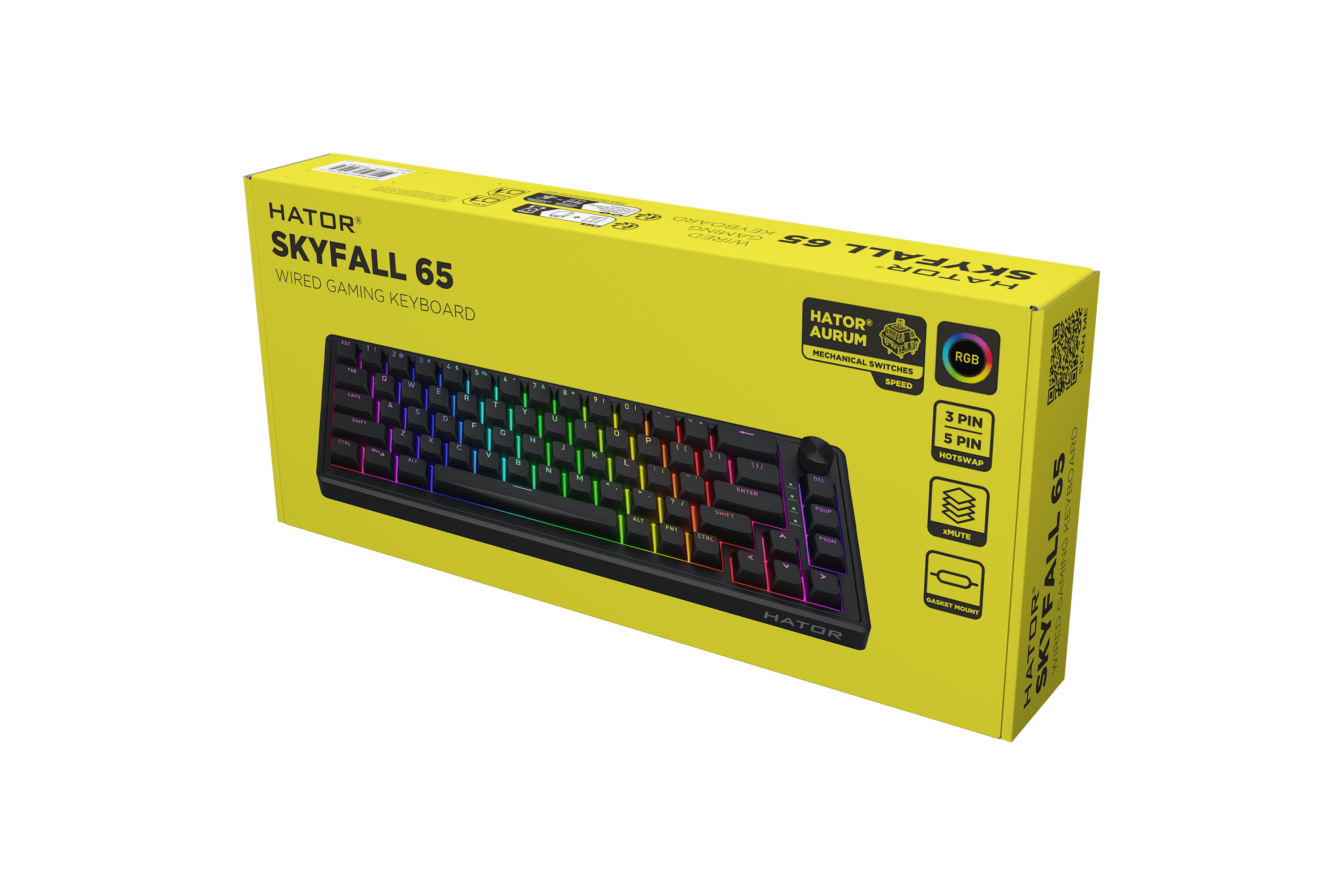 HATOR Skyfall 65, black-black, ABS OMA black-black keycaps US-ANSI Layout, HATOR Aurum Sterling 70M linear speed mechanical hotswap 50gf switches, USB, gasket mount structure & anti-noise sandwich, knob, RGB workspace&gaming keyboard - (HTK1160)