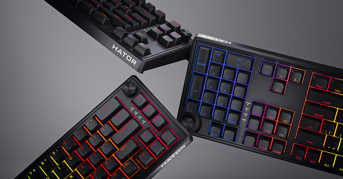 HATOR Skyfall 65, black-black, ABS OMA black-black keycaps US-ANSI Layout, HATOR Aurum Sterling 70M linear speed mechanical hotswap 50gf switches, USB, gasket mount structure & anti-noise sandwich, knob, RGB workspace&gaming keyboard - (HTK1160)