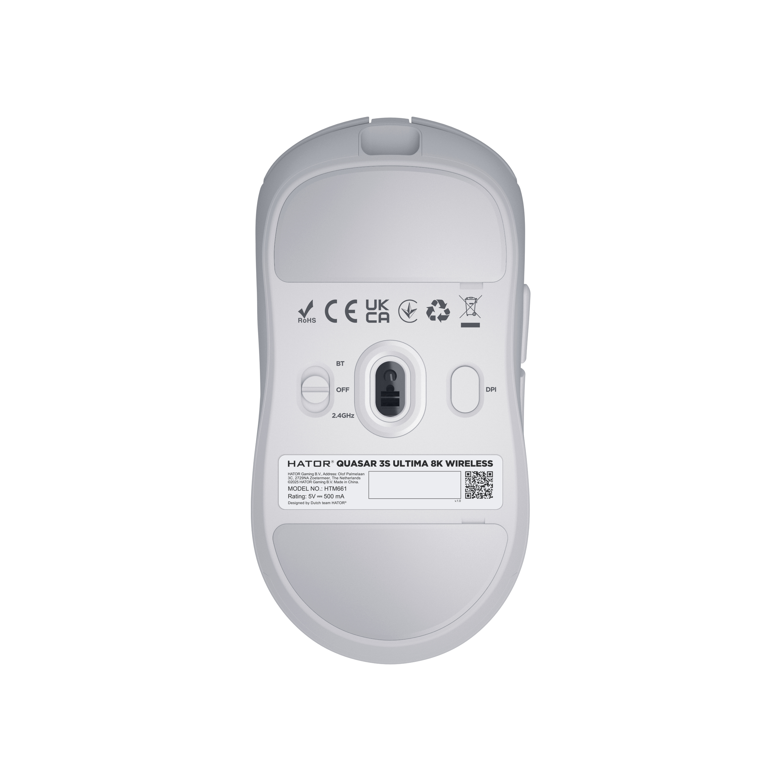 HATOR Quasar 3S ULTIMA 8K wireless, white, HATOR optical 100M switches, PixArt PAW3950, 30000dpi, anti-finger UV texture, 2.4GHz/Bluetooth/USB connection, 300mAh, 47g, 118.5x60.2x37.9mm, 100% PTFE & U-PE spot & glass feet, grips, fabric bag, Gaming mouse
