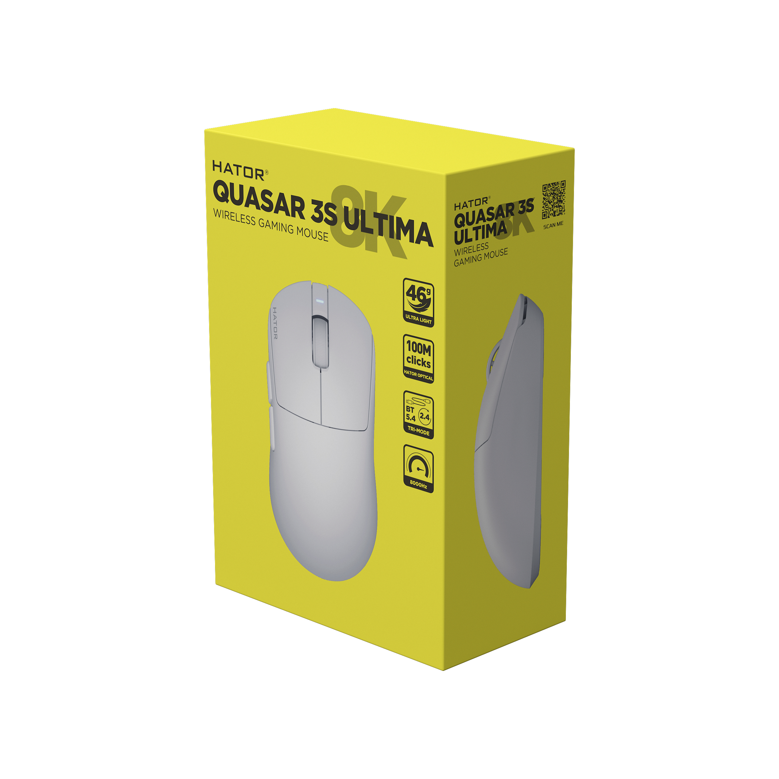 HATOR Quasar 3S ULTIMA 8K wireless, white, HATOR optical 100M switches, PixArt PAW3950, 30000dpi, anti-finger UV texture, 2.4GHz/Bluetooth/USB connection, 300mAh, 47g, 118.5x60.2x37.9mm, 100% PTFE & U-PE spot & glass feet, grips, fabric bag, Gaming mouse