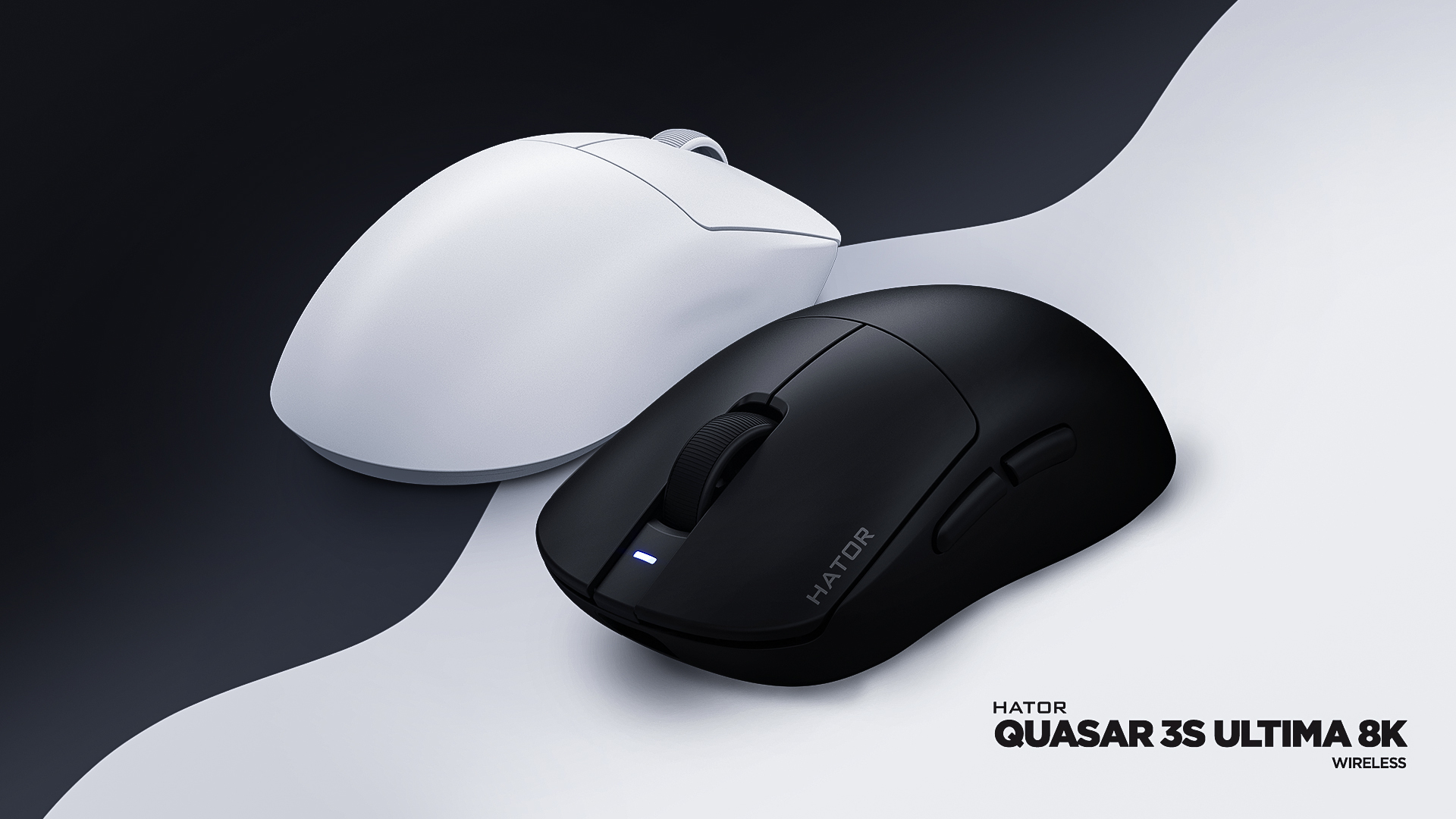 HATOR Quasar 3S ULTIMA 8K wireless, white, HATOR optical 100M switches, PixArt PAW3950, 30000dpi, anti-finger UV texture, 2.4GHz/Bluetooth/USB connection, 300mAh, 47g, 118.5x60.2x37.9mm, 100% PTFE & U-PE spot & glass feet, grips, fabric bag, Gaming mouse