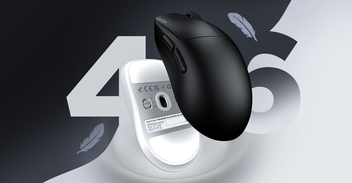 HATOR Quasar 3S ULTIMA 8K wireless, white, HATOR optical 100M switches, PixArt PAW3950, 30000dpi, anti-finger UV texture, 2.4GHz/Bluetooth/USB connection, 300mAh, 47g, 118.5x60.2x37.9mm, 100% PTFE & U-PE spot & glass feet, grips, fabric bag, Gaming mouse
