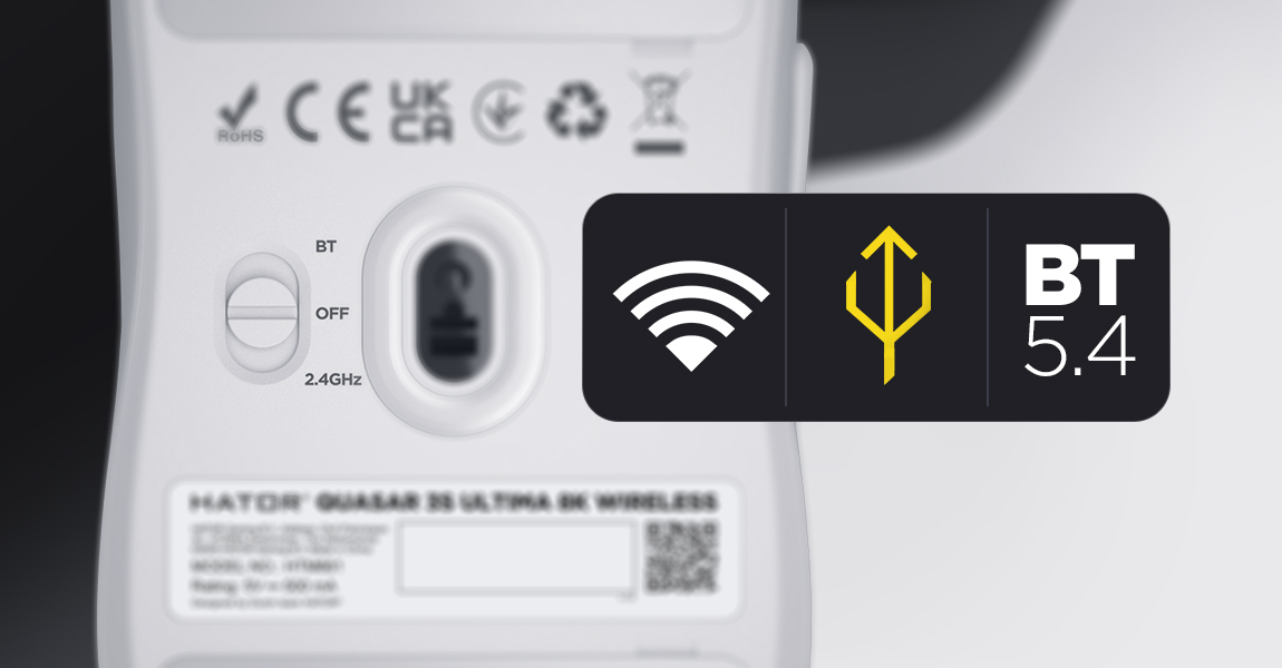 HATOR Quasar 3S ULTIMA 8K wireless, white, HATOR optical 100M switches, PixArt PAW3950, 30000dpi, anti-finger UV texture, 2.4GHz/Bluetooth/USB connection, 300mAh, 47g, 118.5x60.2x37.9mm, 100% PTFE & U-PE spot & glass feet, grips, fabric bag, Gaming mouse