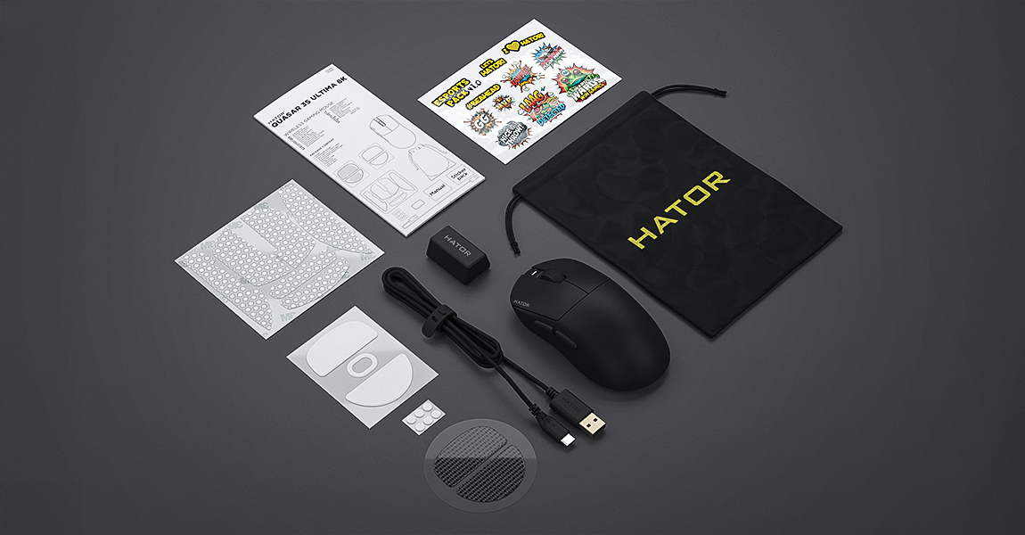 HATOR Quasar 3S ULTIMA 8K wireless, white, HATOR optical 100M switches, PixArt PAW3950, 30000dpi, anti-finger UV texture, 2.4GHz/Bluetooth/USB connection, 300mAh, 47g, 118.5x60.2x37.9mm, 100% PTFE & U-PE spot & glass feet, grips, fabric bag, Gaming mouse