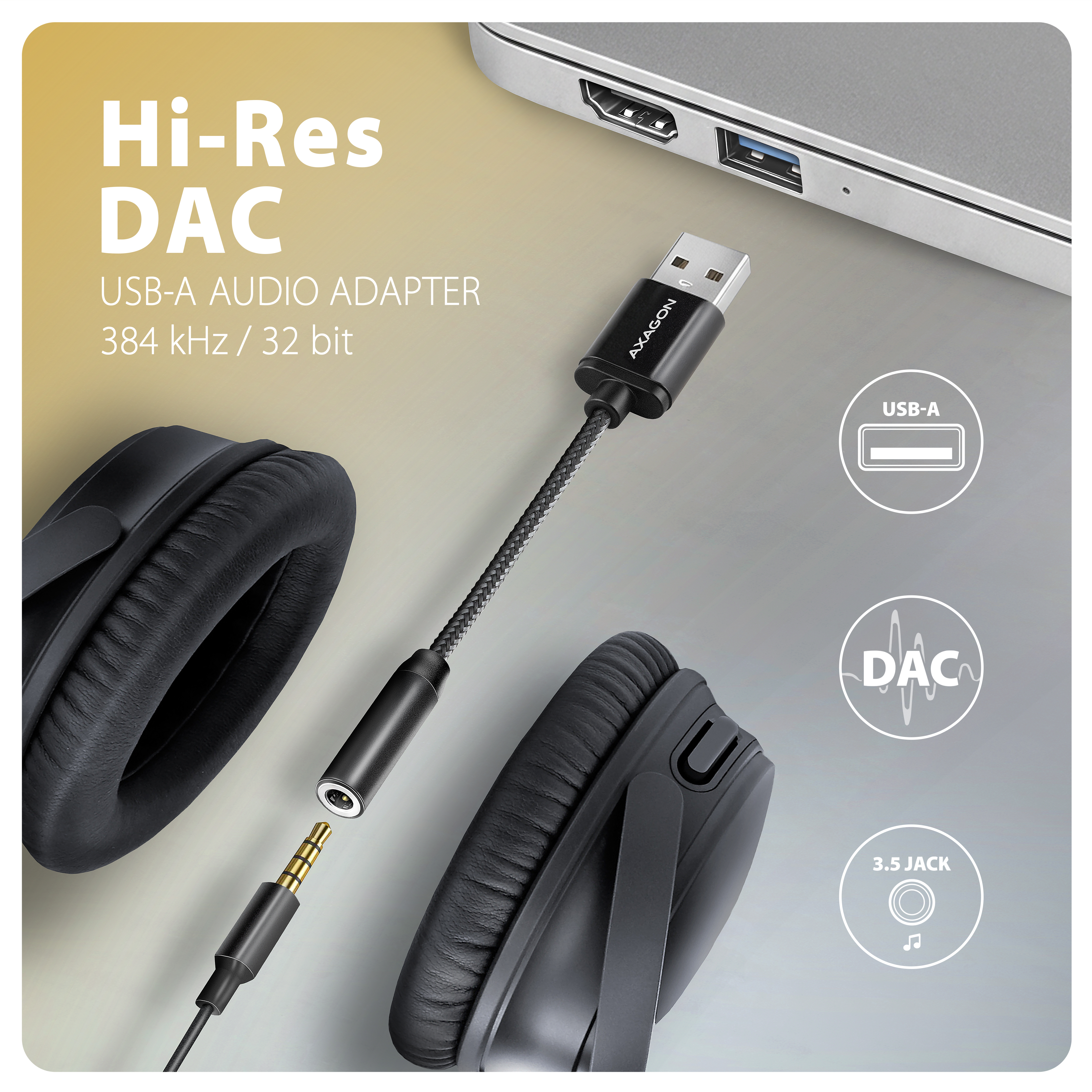AXAGON ADA-HA USB-A to 3.5mm jack Hi-Res DAC Audio Adapter, 384kHz/32bit, Stereo