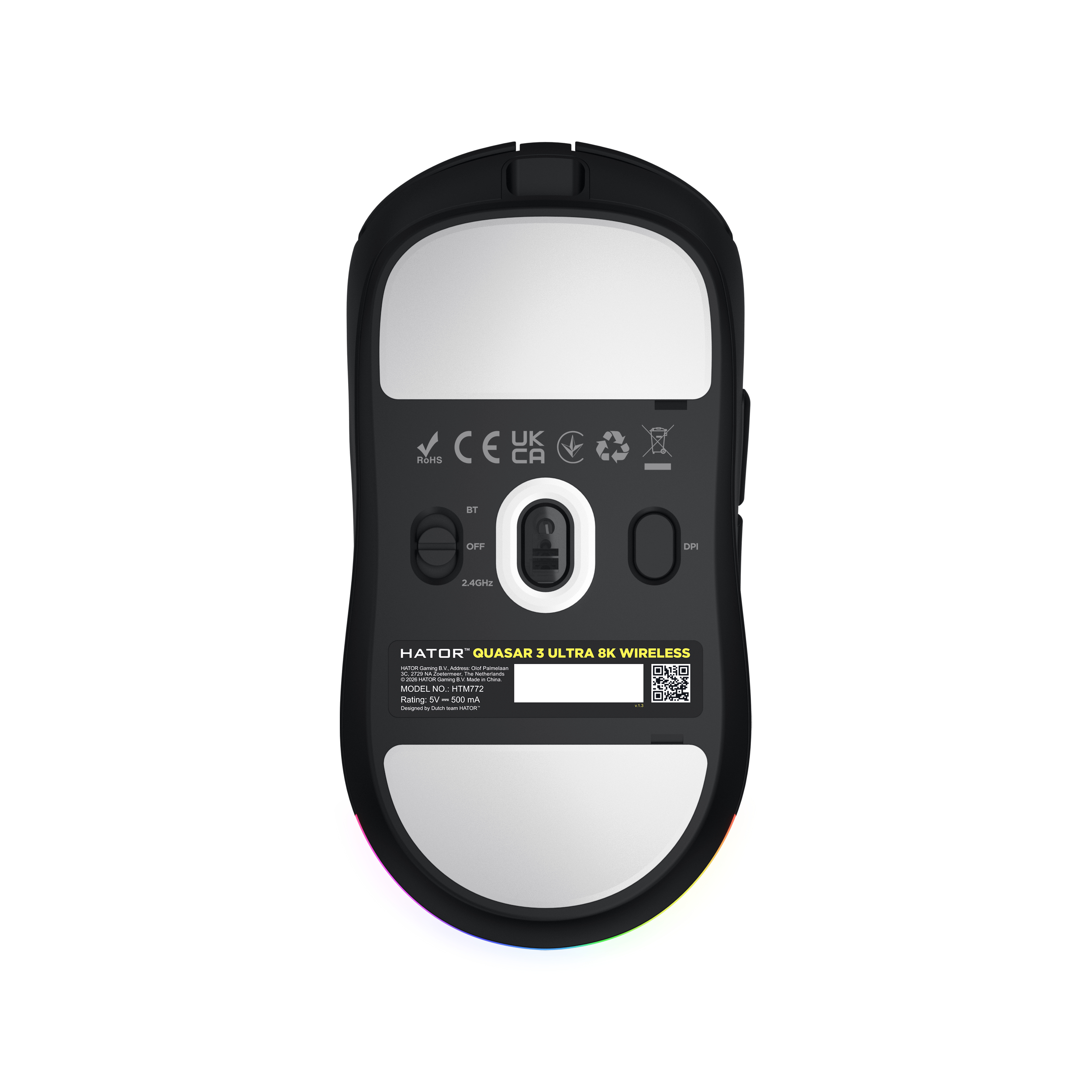 HATOR Quasar 3 ULTRA 8K+8K wireless, black edition, HATOR optical 100M switches, PixArt PAW3950, 30000dpi, anti-finger UV texture, 2.4GHz/Bluetooth/USB connection,600mAh,65g,125x64x40mm,100% PTFE & U-PE spots & glass feet, grips, fabric bag, RGB scroll&t