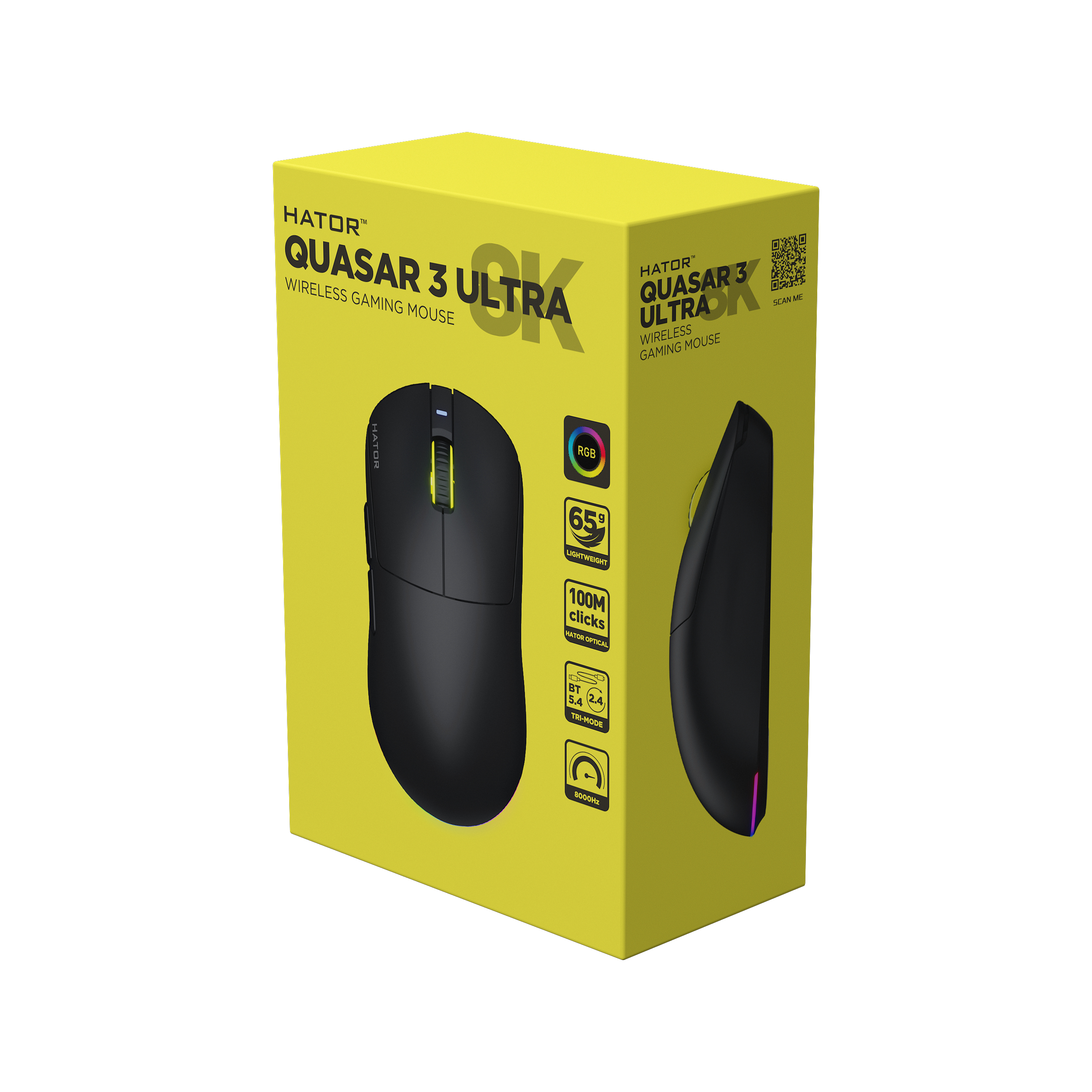 HATOR Quasar 3 ULTRA 8K+8K wireless, black edition, HATOR optical 100M switches, PixArt PAW3950, 30000dpi, anti-finger UV texture, 2.4GHz/Bluetooth/USB connection,600mAh,65g,125x64x40mm,100% PTFE & U-PE spots & glass feet, grips, fabric bag, RGB scroll&t