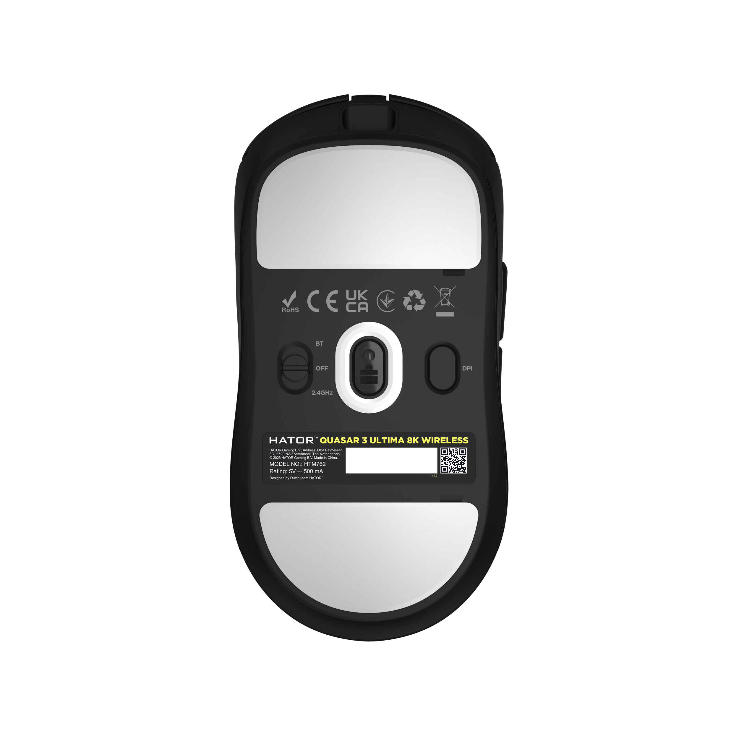 HATOR Quasar 3 ULTIMA 8K wireless, black edition, HATOR optical 100M switches, PixArt PAW3950, 30000dpi, anti-finger UV texture, 2.4GHz/Bluetooth/USB connection, 300mAh, 52g, 125x64x40mm, 100% PTFE & U-PE spot & glass feet, grips, fabric bag, Gaming mous