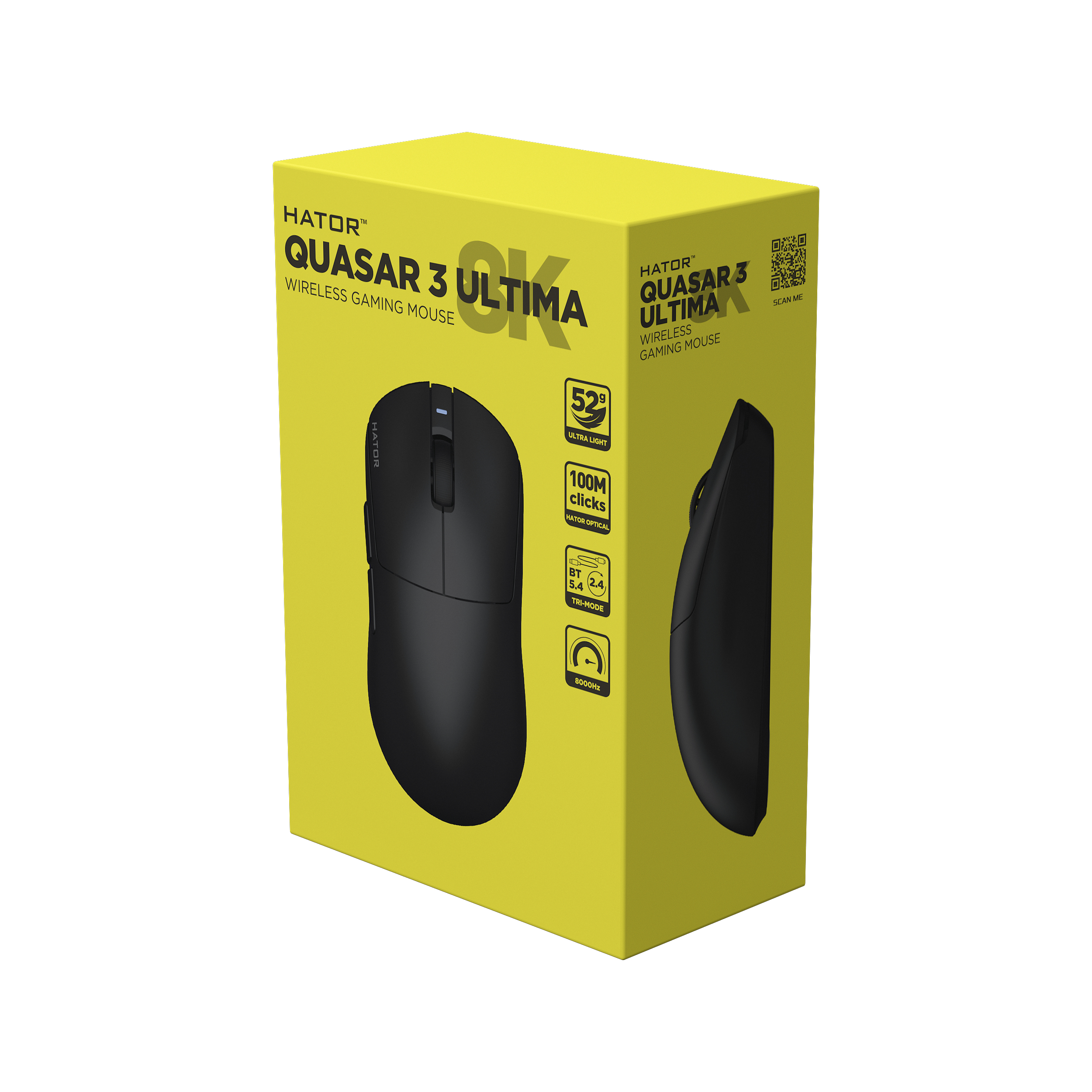 HATOR Quasar 3 ULTIMA 8K wireless, black edition, HATOR optical 100M switches, PixArt PAW3950, 30000dpi, anti-finger UV texture, 2.4GHz/Bluetooth/USB connection, 300mAh, 52g, 125x64x40mm, 100% PTFE & U-PE spot & glass feet, grips, fabric bag, Gaming mous
