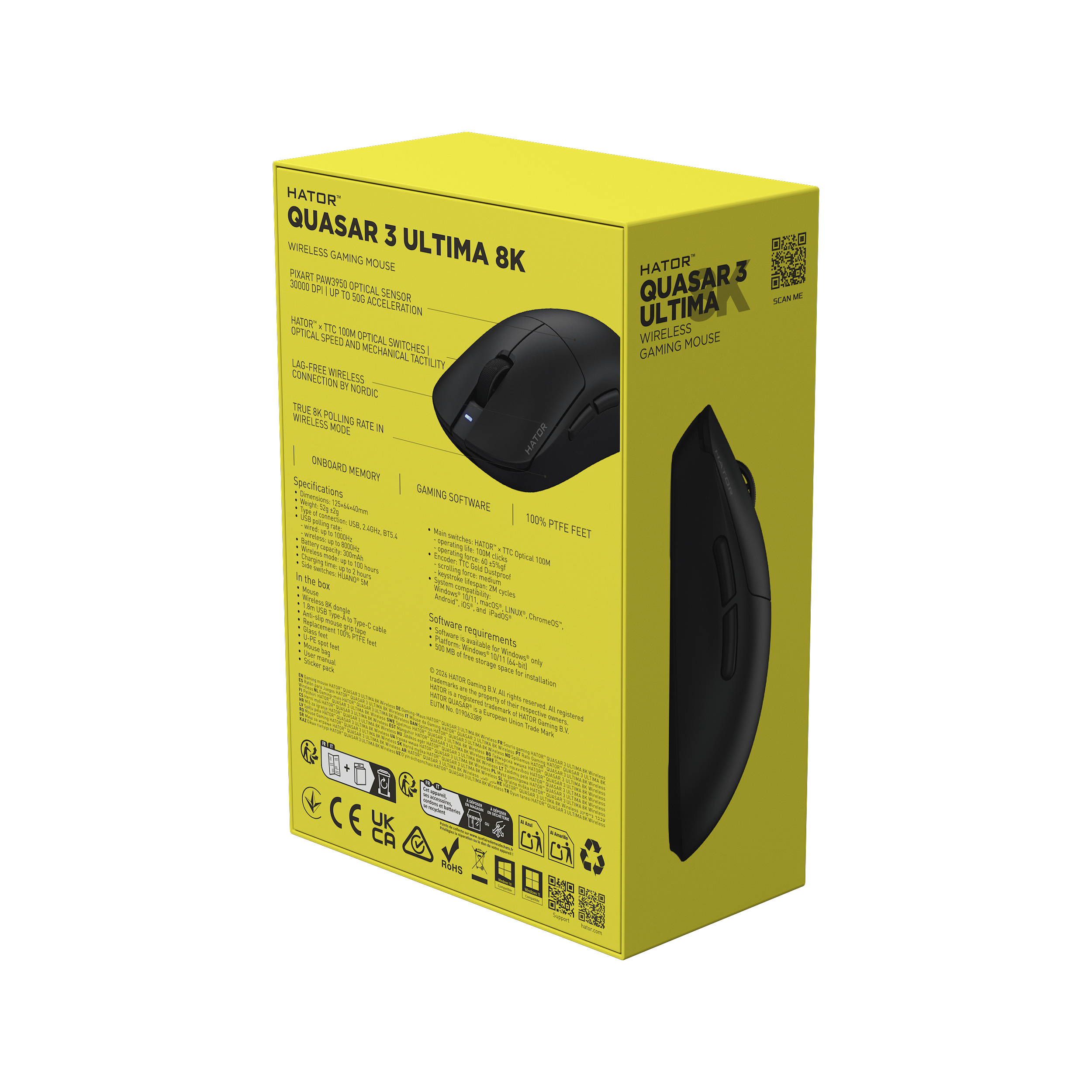 HATOR Quasar 3 ULTIMA 8K wireless, black edition, HATOR optical 100M switches, PixArt PAW3950, 30000dpi, anti-finger UV texture, 2.4GHz/Bluetooth/USB connection, 300mAh, 52g, 125x64x40mm, 100% PTFE & U-PE spot & glass feet, grips, fabric bag, Gaming mous