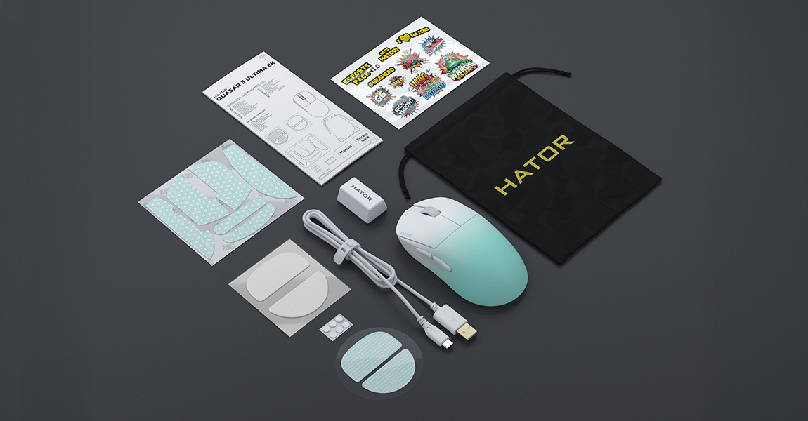 HATOR Quasar 3 ULTIMA 8K wireless, black edition, HATOR optical 100M switches, PixArt PAW3950, 30000dpi, anti-finger UV texture, 2.4GHz/Bluetooth/USB connection, 300mAh, 52g, 125x64x40mm, 100% PTFE & U-PE spot & glass feet, grips, fabric bag, Gaming mous