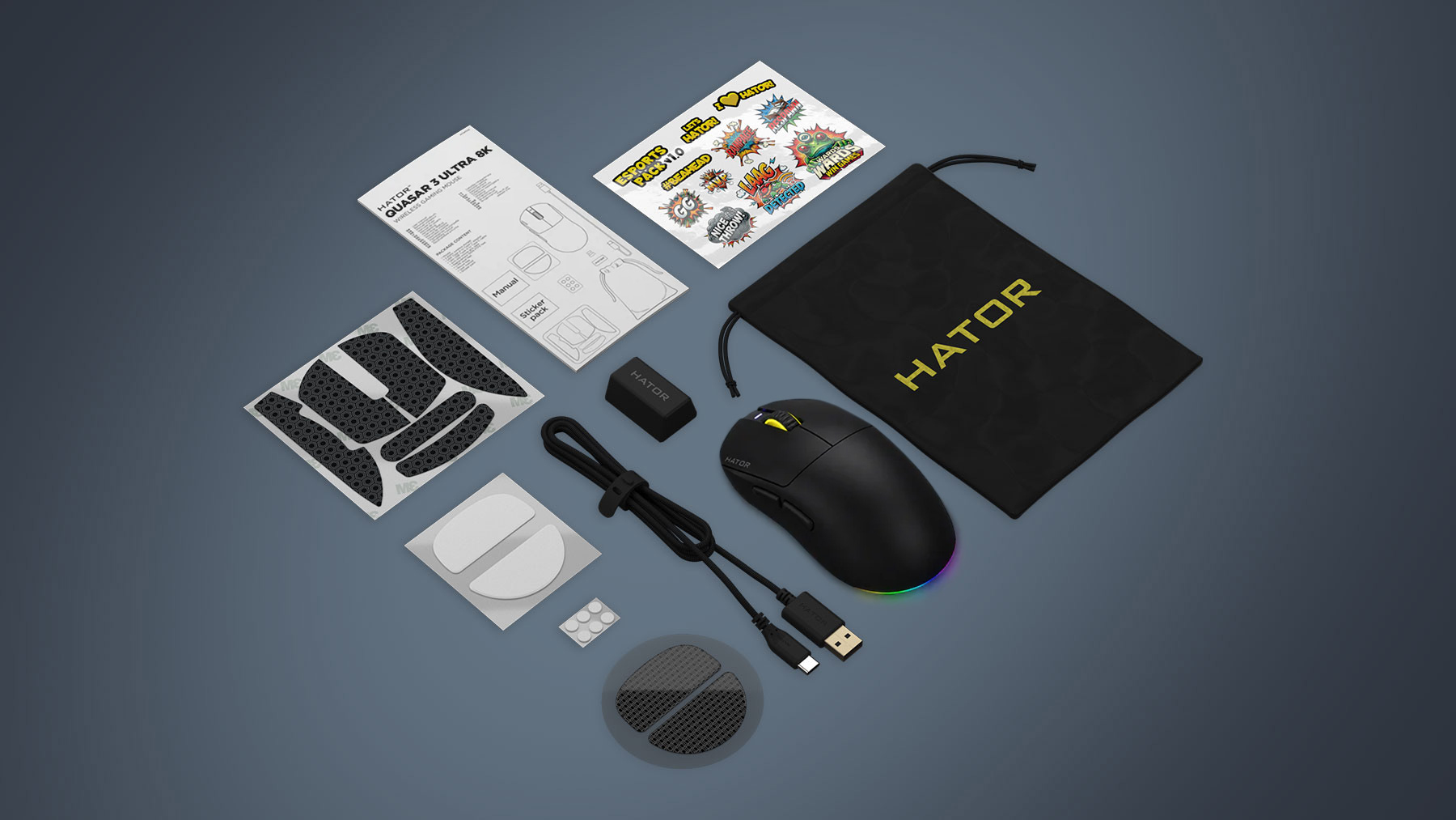 HATOR Quasar 3 ULTRA 8K+8K wireless, black edition, HATOR optical 100M switches, PixArt PAW3950, 30000dpi, anti-finger UV texture, 2.4GHz/Bluetooth/USB connection,600mAh,65g,125x64x40mm,100% PTFE & U-PE spots & glass feet, grips, fabric bag, RGB scroll&t
