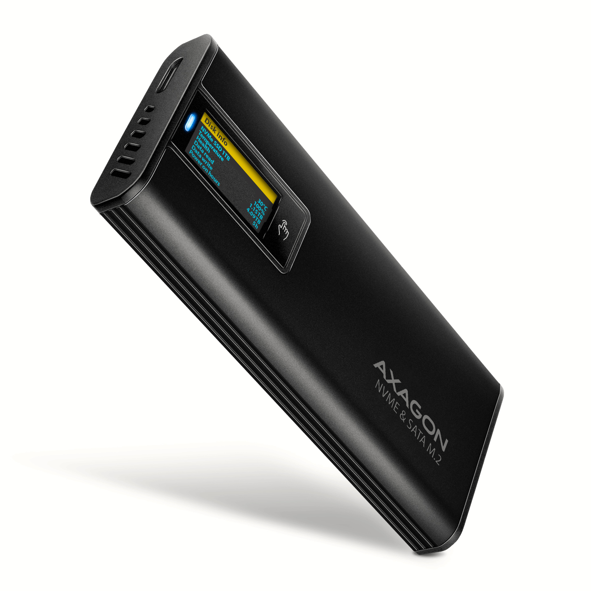 AXAGON EEM2-SD2B USB-C 10Gbps M.2 NVMe & SATA SSD Enclosure with Display, Screwless, Black