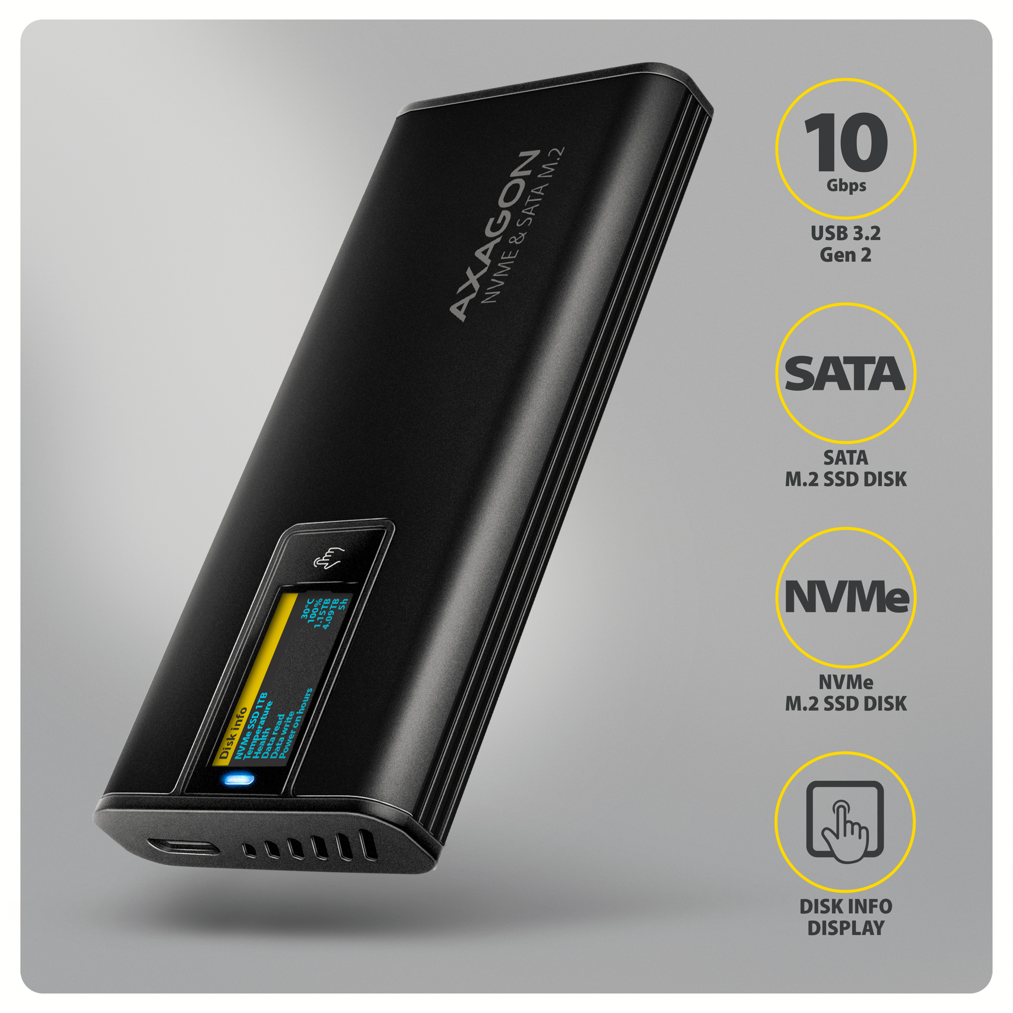 AXAGON EEM2-SD2B USB-C 10Gbps M.2 NVMe & SATA SSD Enclosure with Display, Screwless, Black